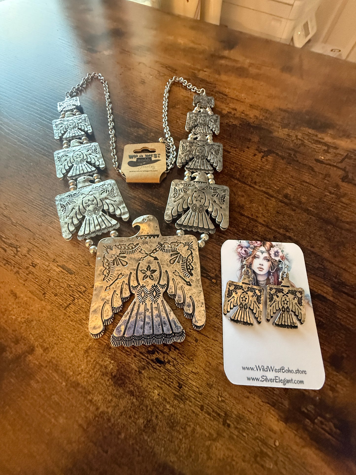 Thunderbird Multi Charm Western Necklace With Layered Charms and Earring Set