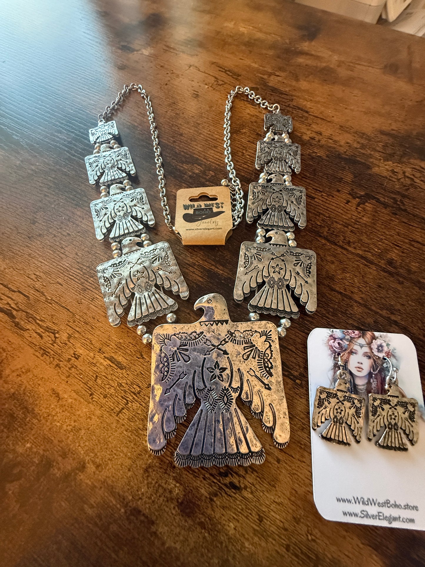 Thunderbird Multi Charm Western Necklace With Layered Charms and Earring Set