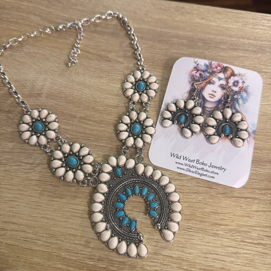 Squash Blossom Faux Turquoise Necklace and Earrings Set in Mixed Metals