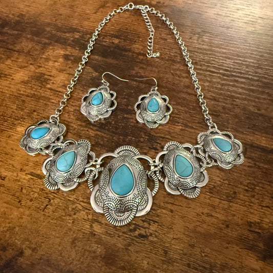 Turquoise Stone Floral Necklace and Earrings Gift Set in Mixed Metals