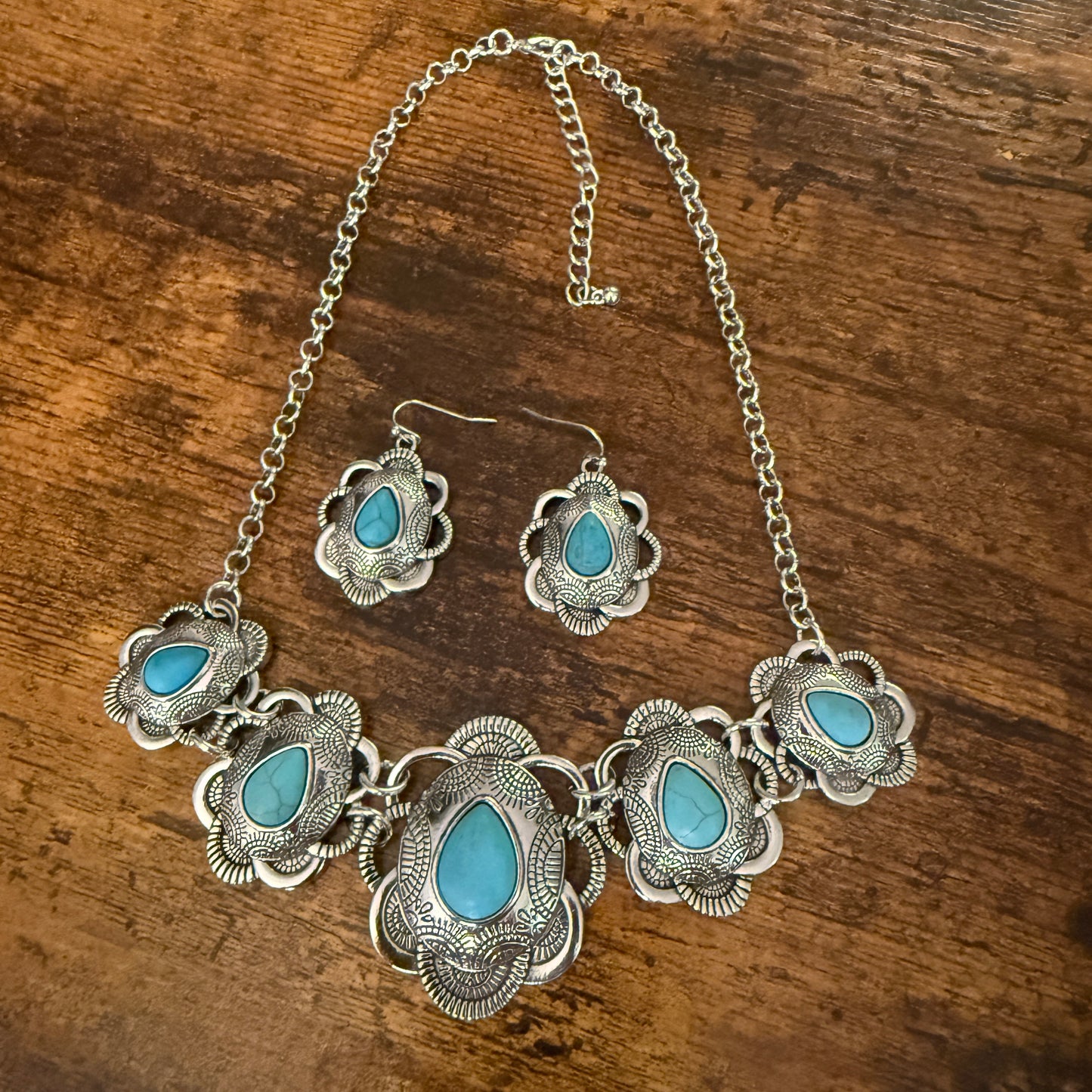 Turquoise Stone Floral Necklace and Earrings Gift Set in Mixed Metals