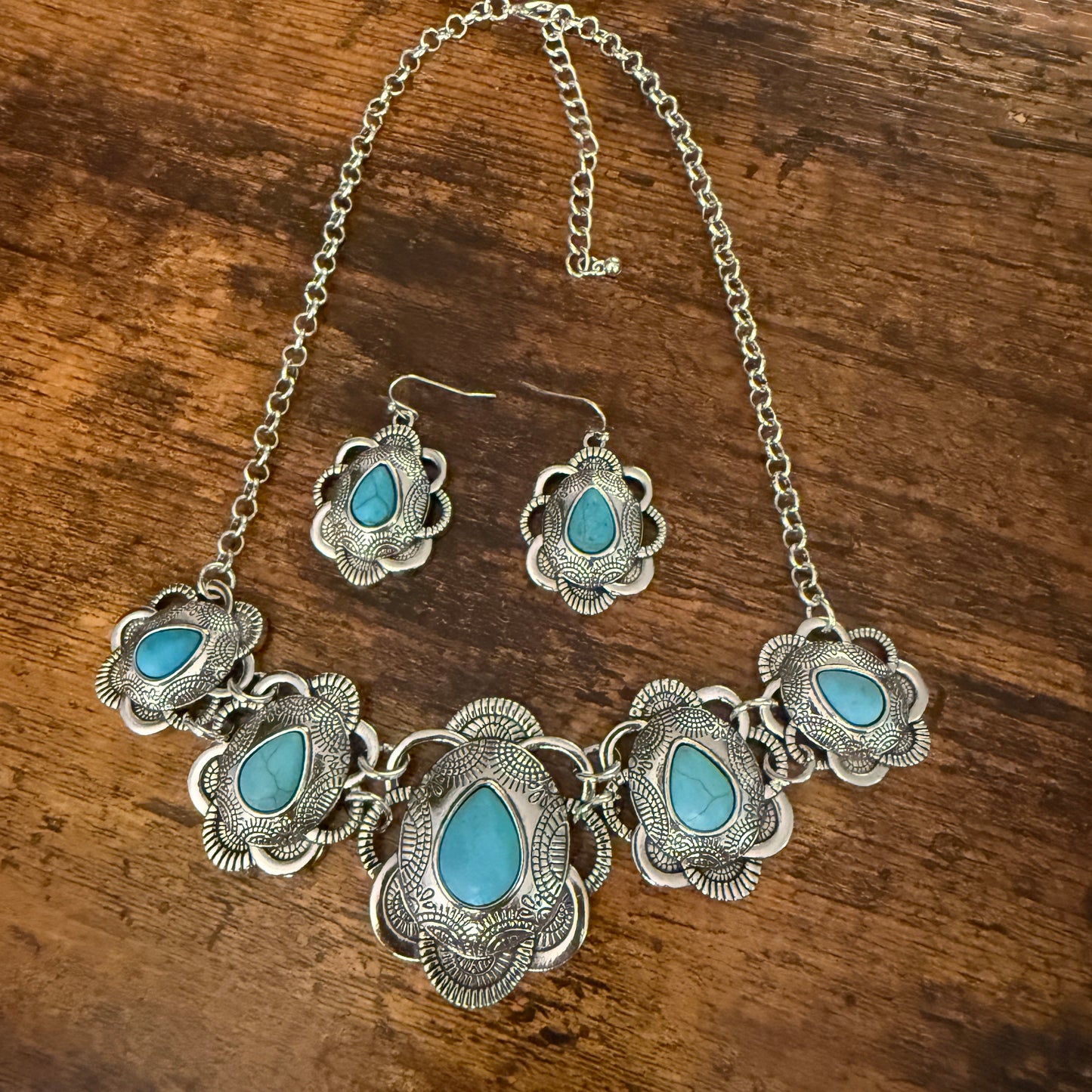 Turquoise Stone Floral Necklace and Earrings Gift Set in Mixed Metals