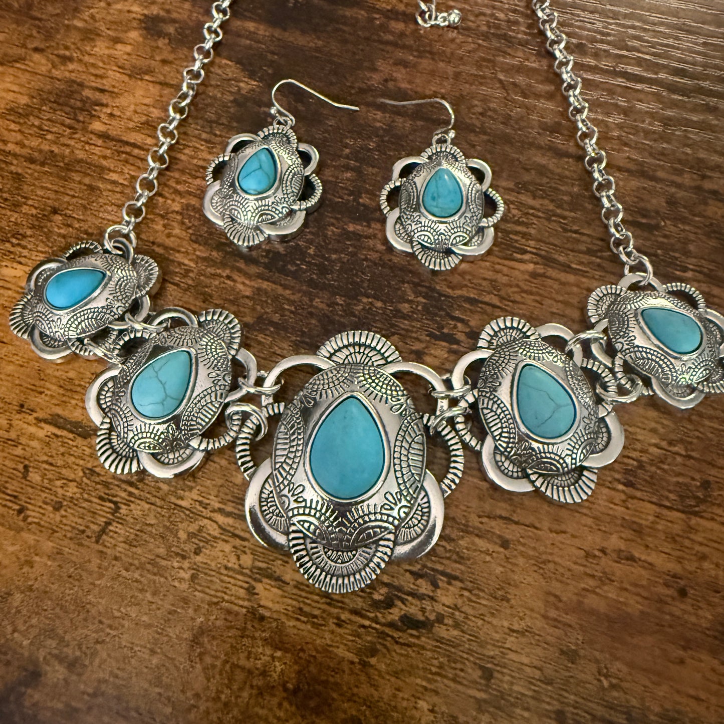 Turquoise Stone Floral Necklace and Earrings Gift Set in Mixed Metals