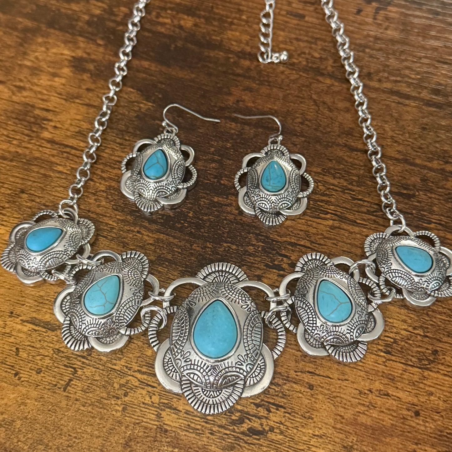 Turquoise Stone Floral Necklace and Earrings Gift Set in Mixed Metals