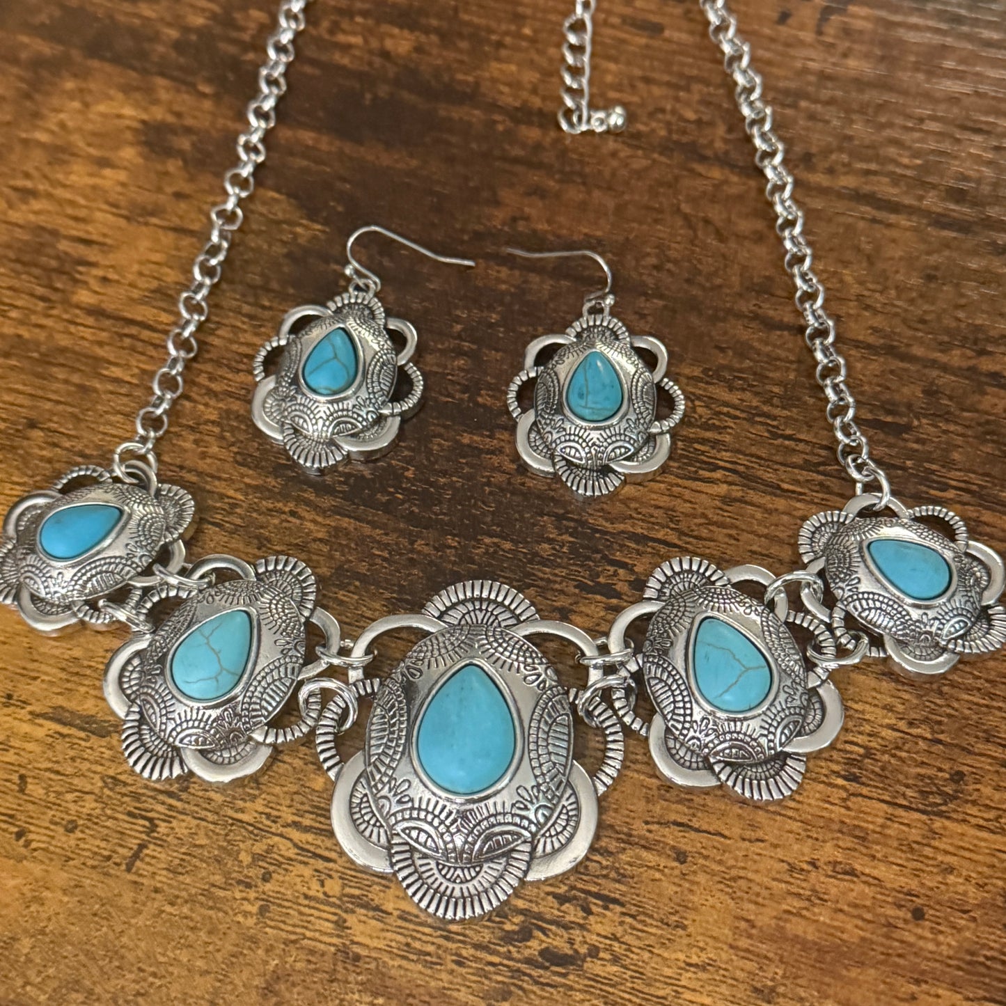 Turquoise Stone Floral Necklace and Earrings Gift Set in Mixed Metals