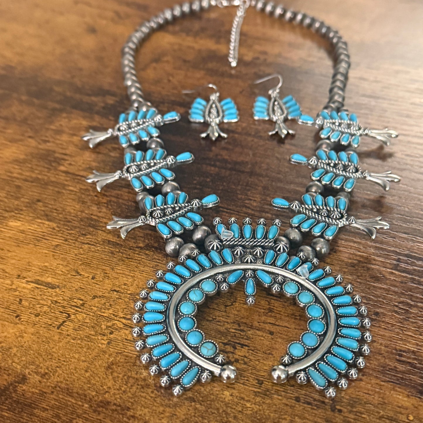 Handmade Turquoise Squash Bead Necklace and Earring Set with Faux Silver Beads