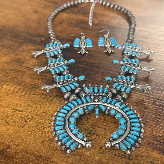 Handmade Turquoise Squash Bead Necklace and Earring Set with Faux Silver Beads