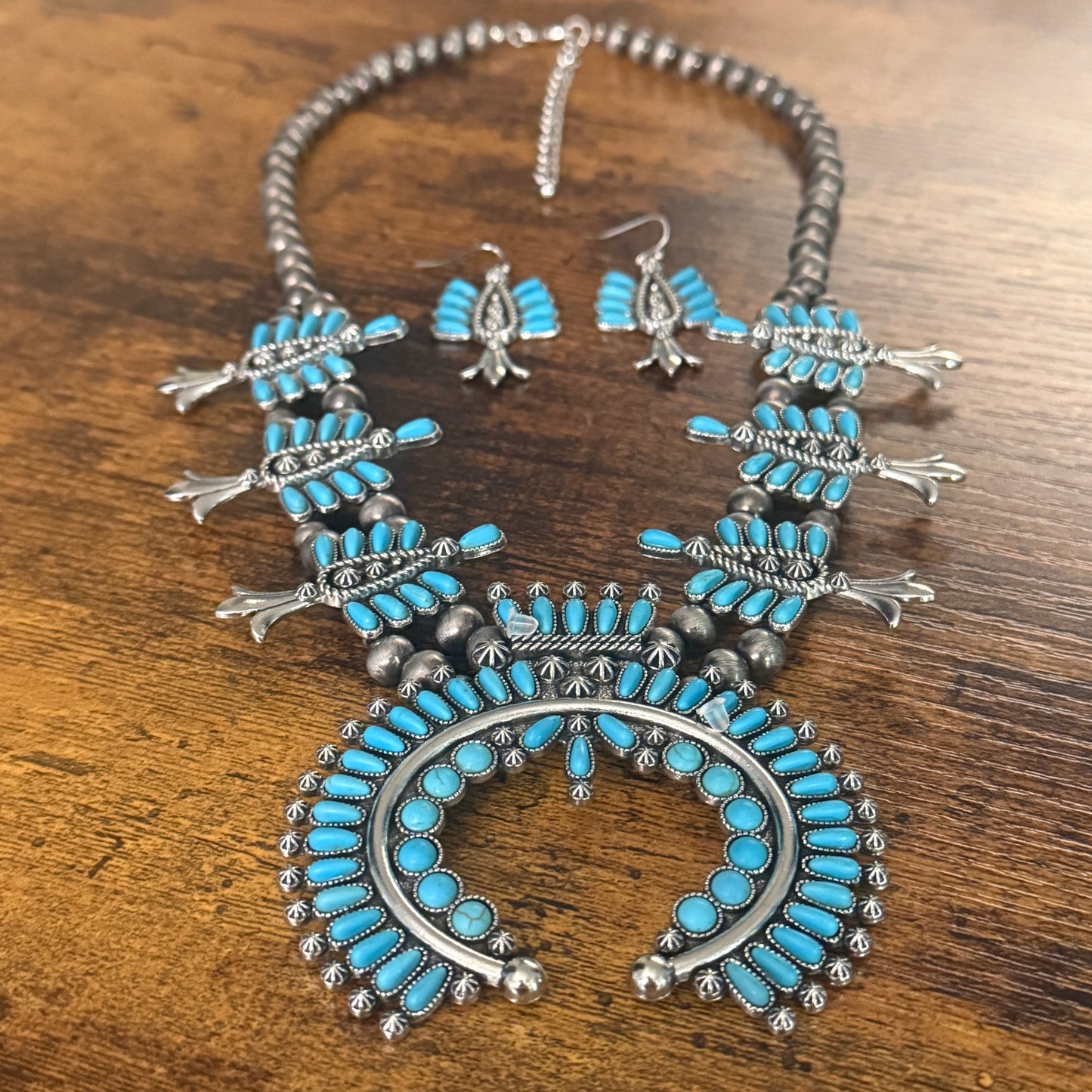 Handmade Turquoise Squash Bead Necklace and Earring Set with Faux Silver Beads