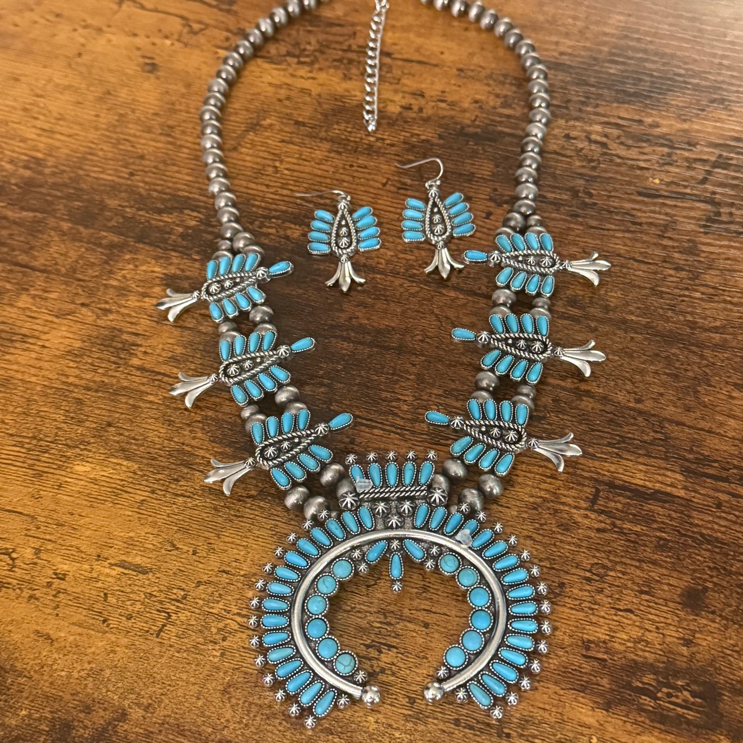 Handmade Turquoise Squash Bead Necklace and Earring Set with Faux Silver Beads