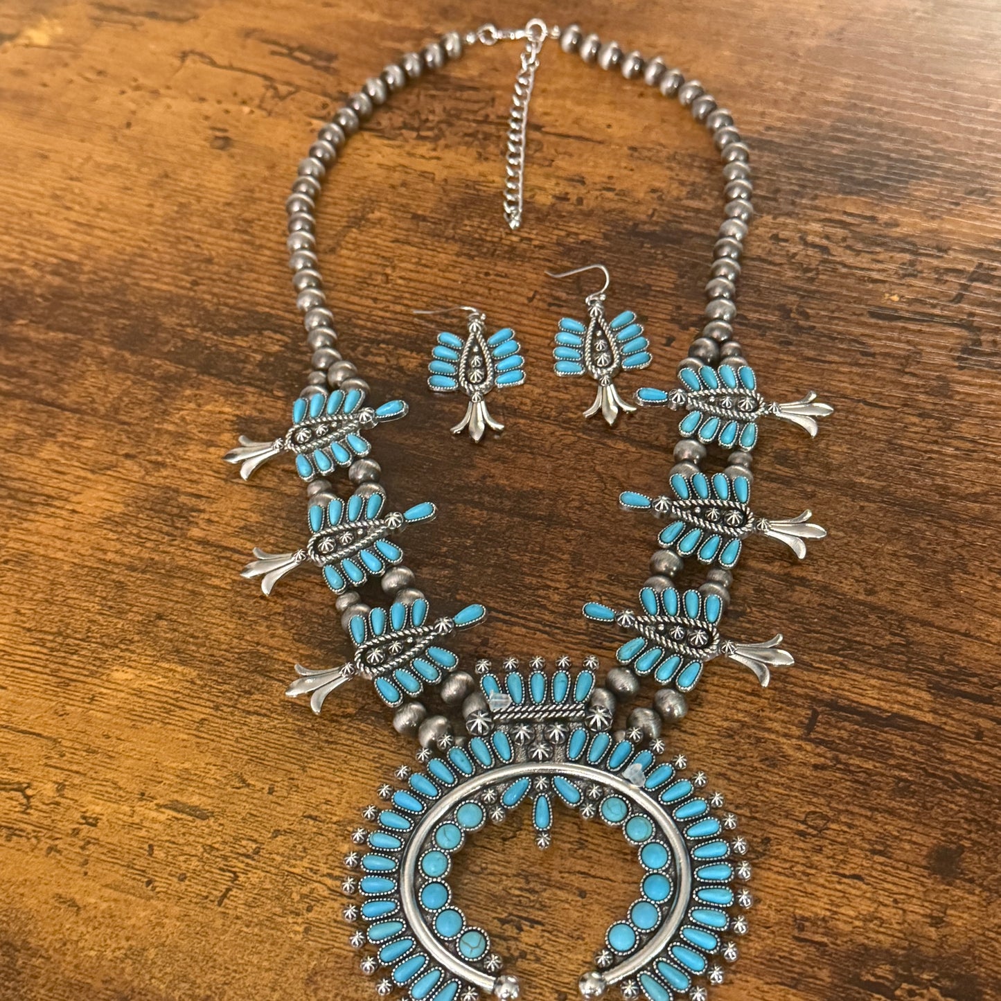 Handmade Turquoise Squash Bead Necklace and Earring Set with Faux Silver Beads