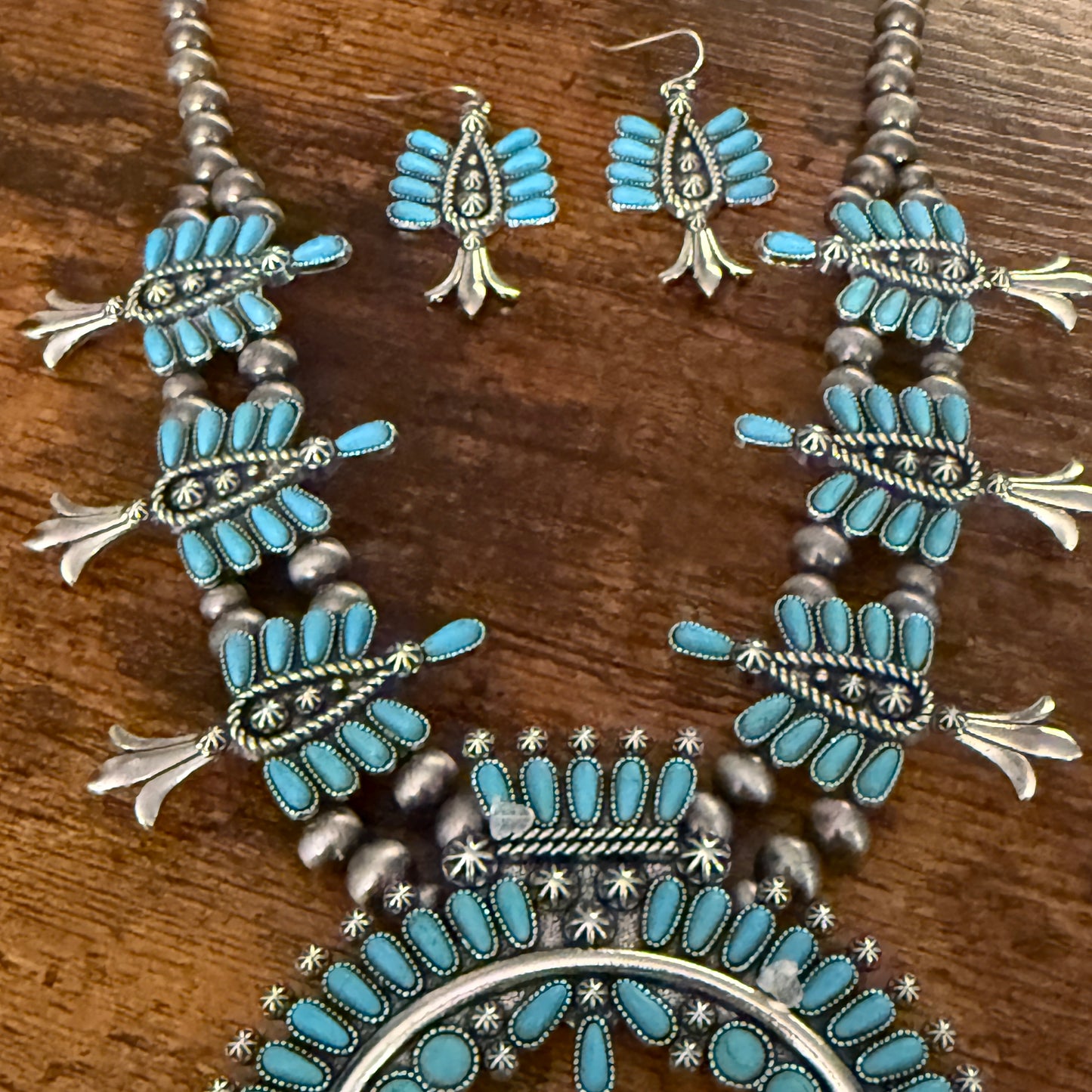 Handmade Turquoise Squash Bead Necklace and Earring Set with Faux Silver Beads