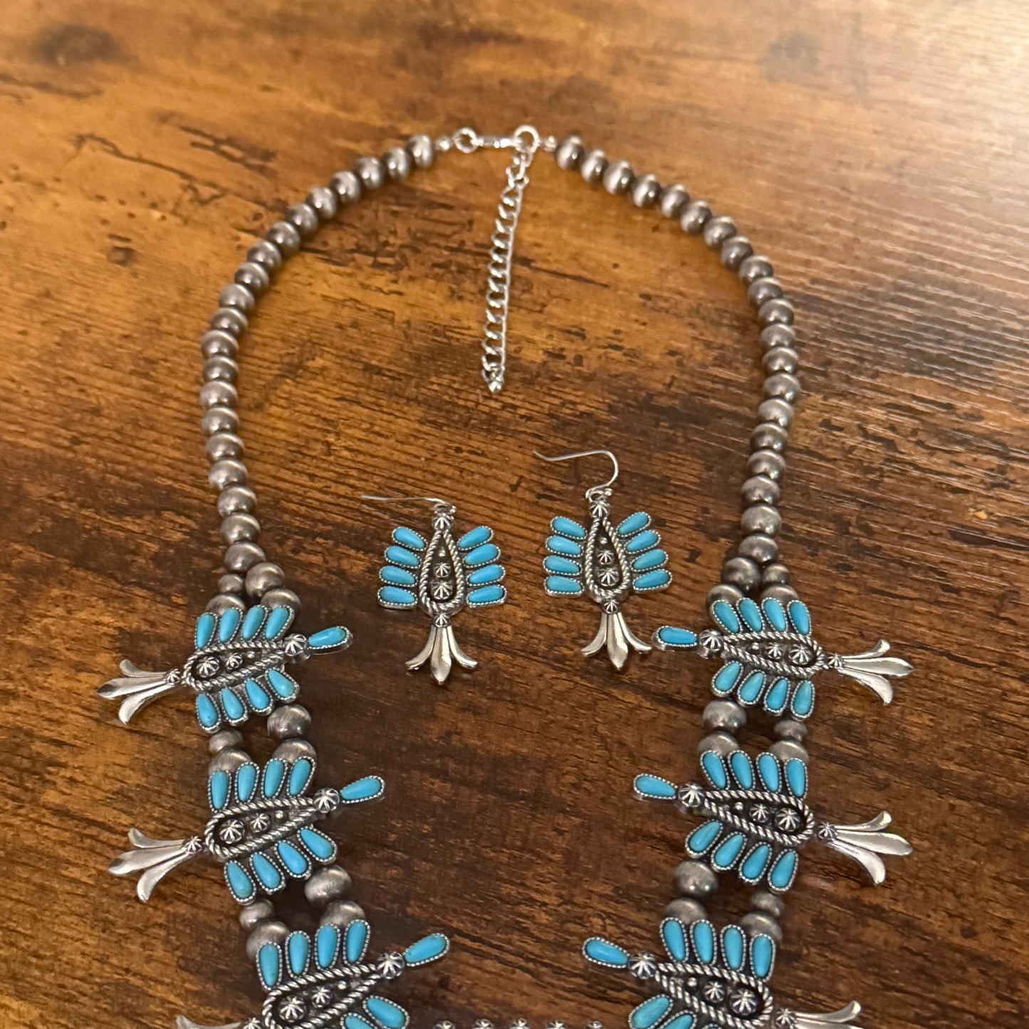 Handmade Turquoise Squash Bead Necklace and Earring Set with Faux Silver Beads