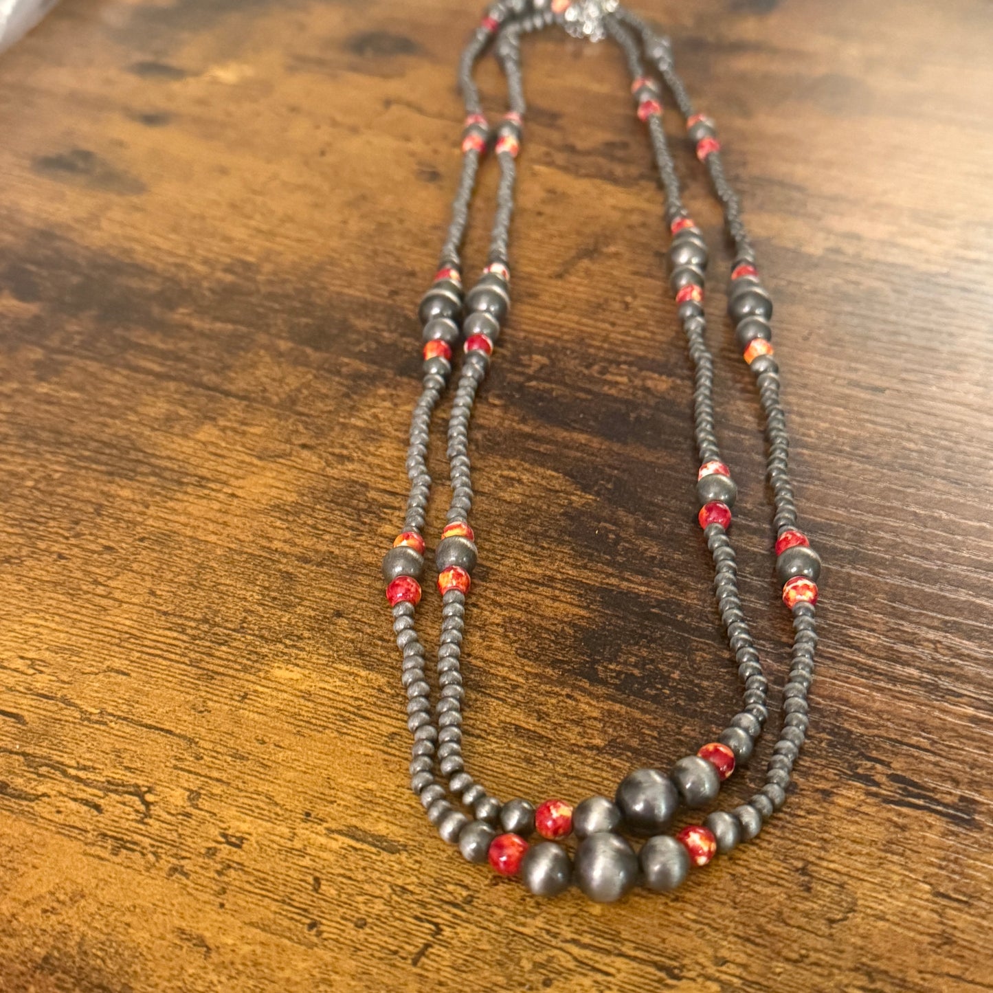 Handcrafted Red Faux Pearl Necklace With Silver Accents