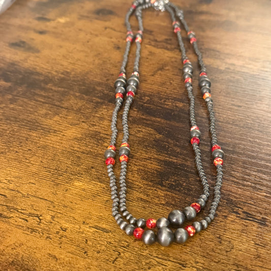 Handcrafted Red Faux Pearl Necklace With Silver Accents