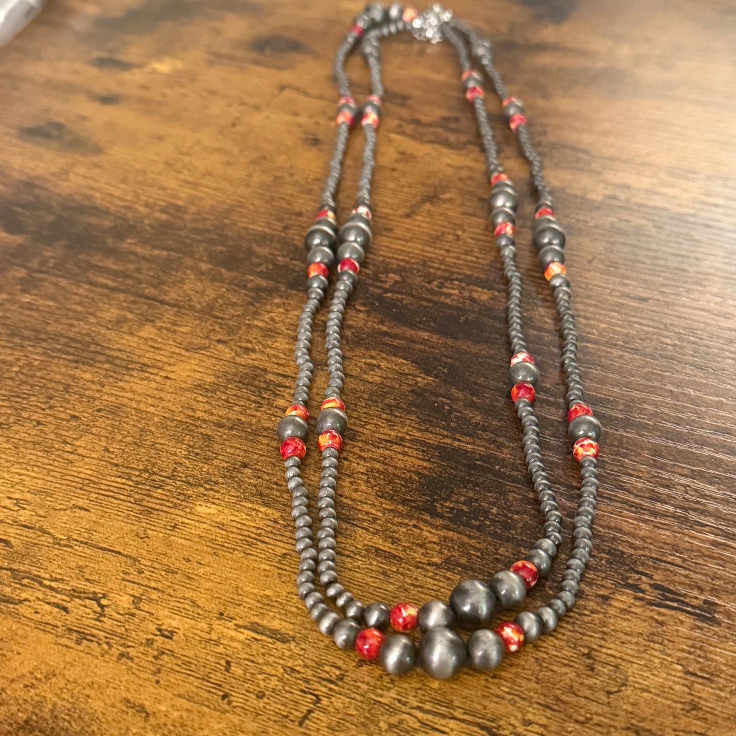 Handcrafted Red Faux Pearl Necklace With Silver Accents