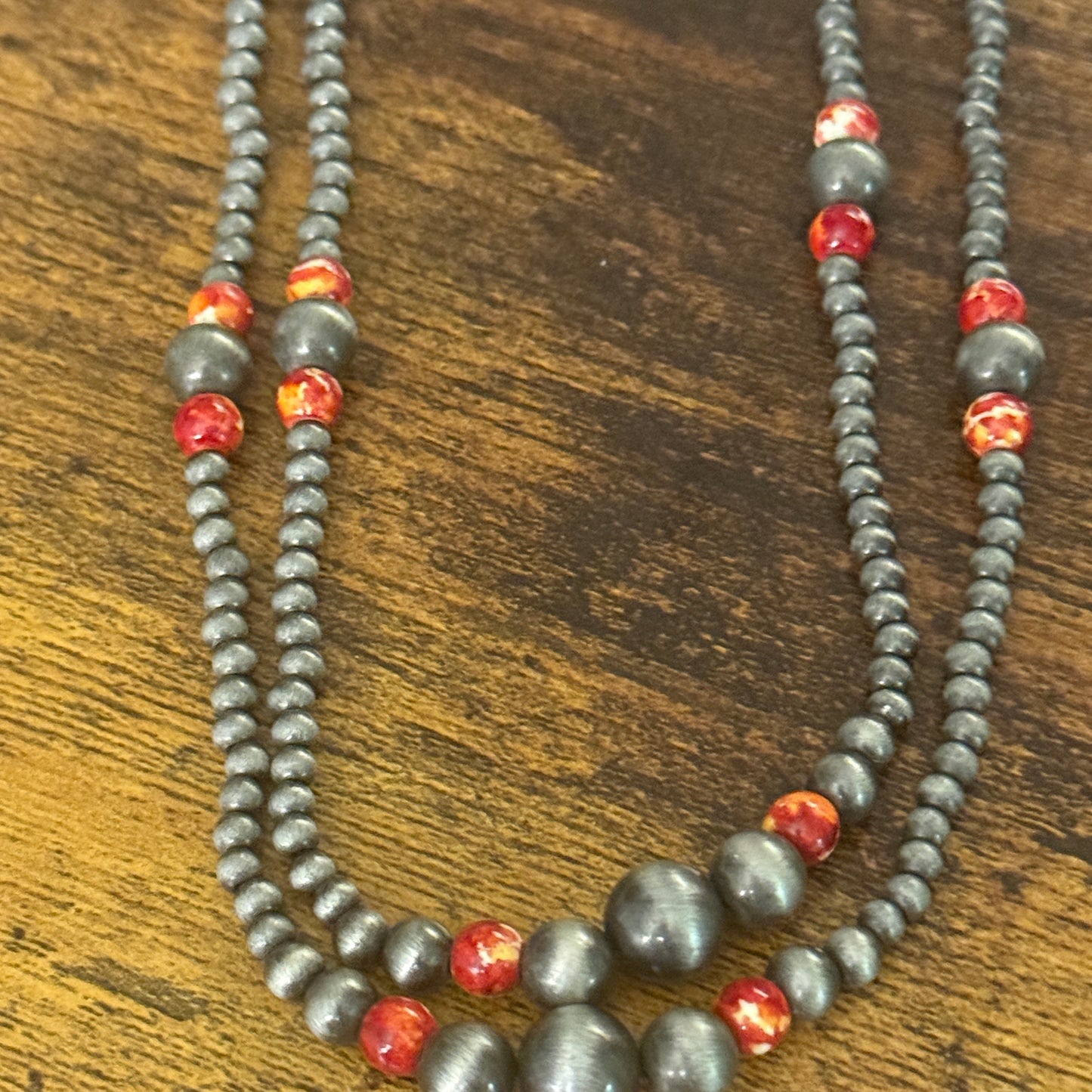 Handcrafted Red Faux Pearl Necklace With Silver Accents
