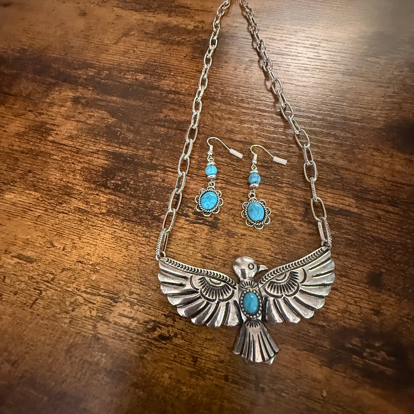 Handcrafted Thunderbird Necklace and Earrings Gift Set in Mixed Metals
