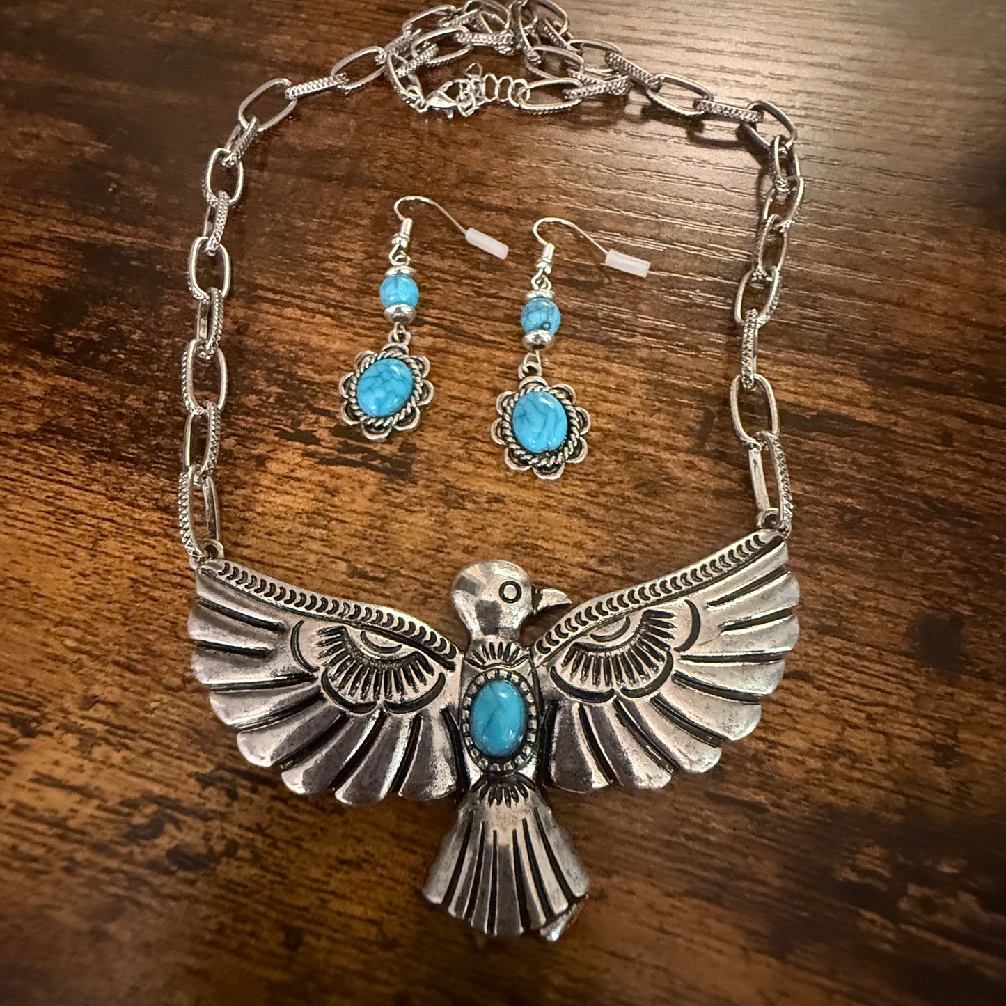 Handcrafted Thunderbird Necklace and Earrings Gift Set in Mixed Metals