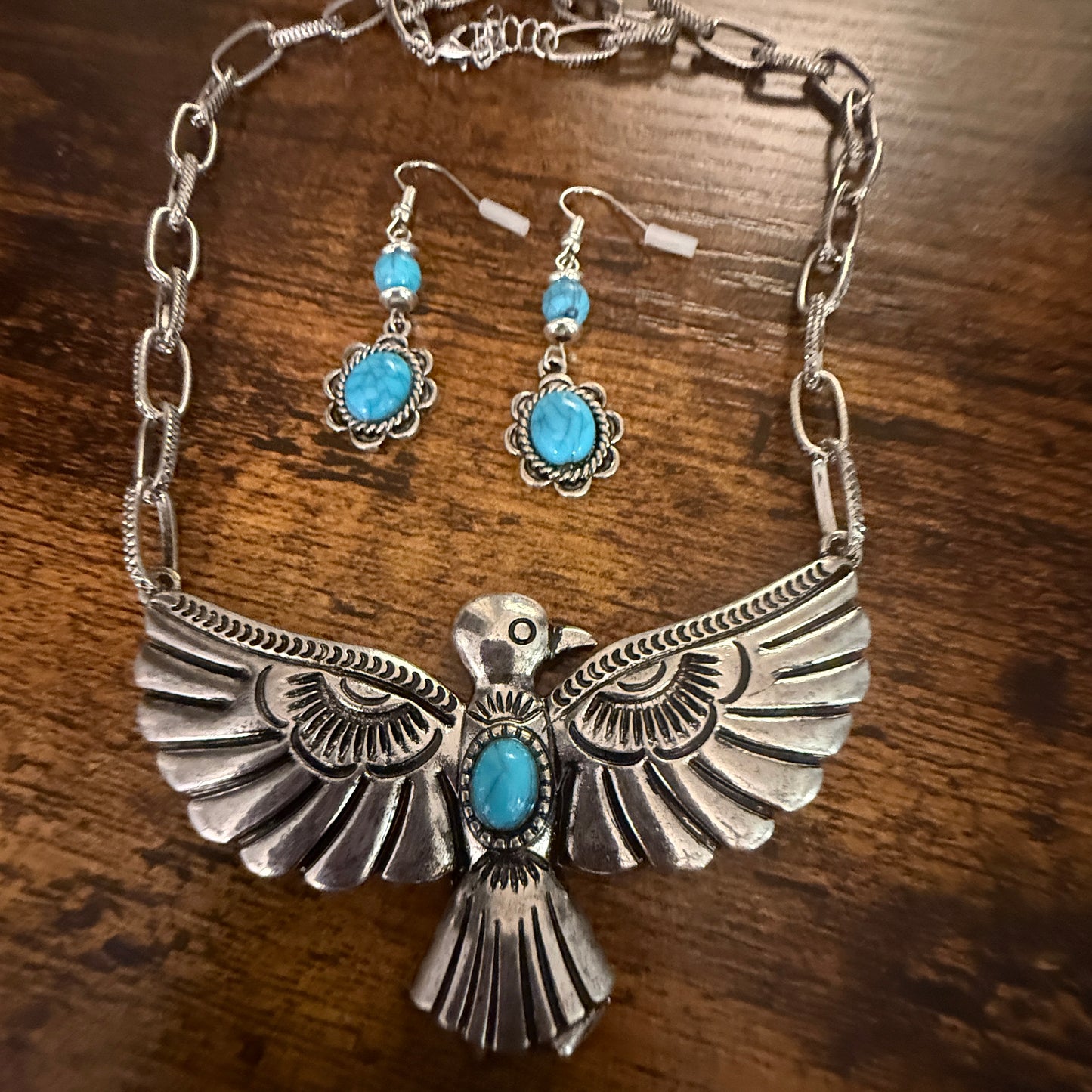 Handcrafted Thunderbird Necklace and Earrings Gift Set in Mixed Metals