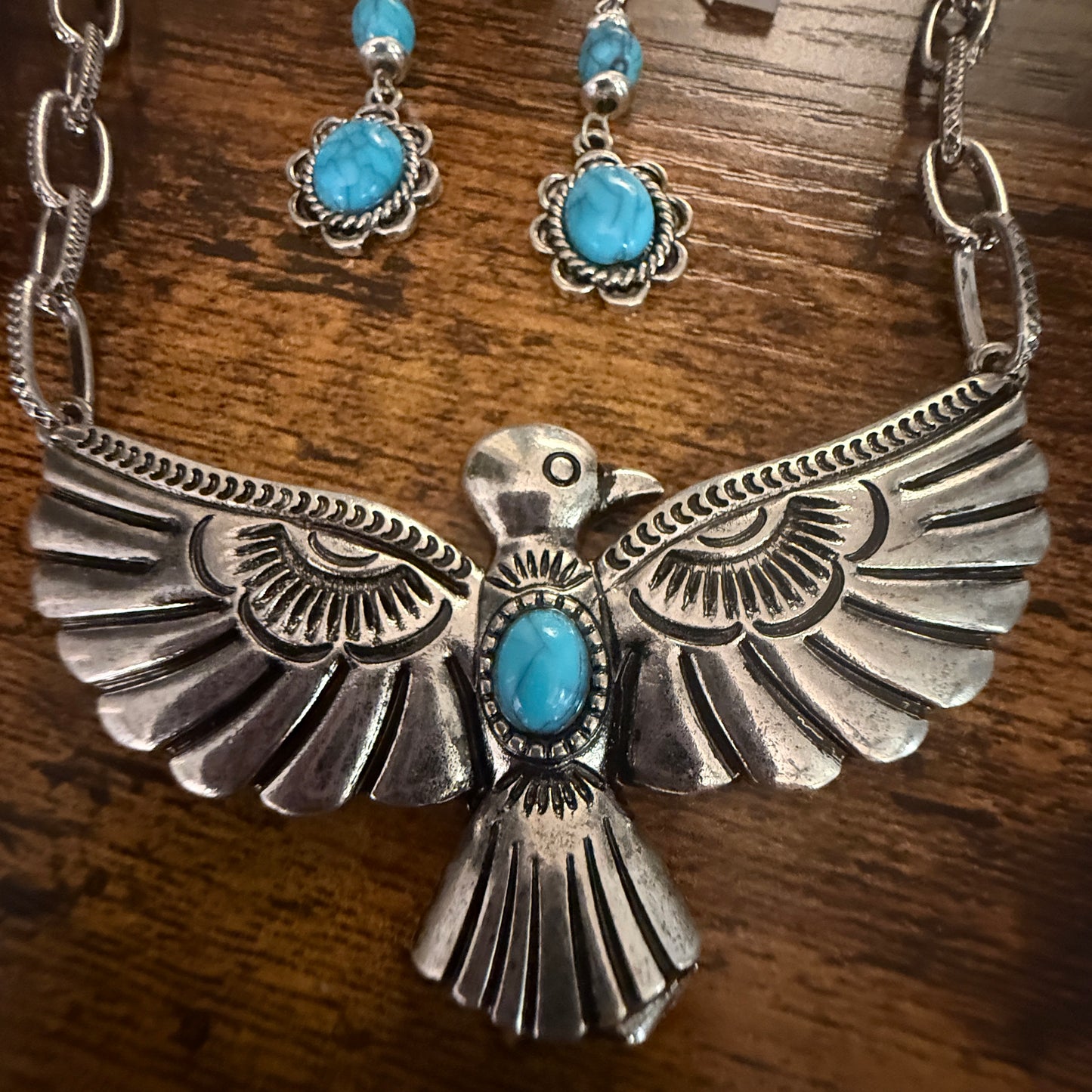 Handcrafted Thunderbird Necklace and Earrings Gift Set in Mixed Metals