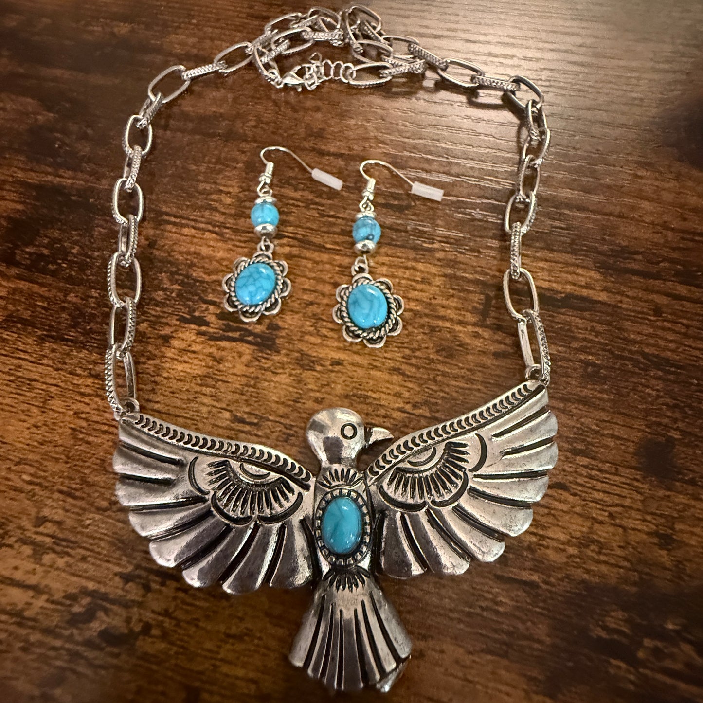 Handcrafted Thunderbird Necklace and Earrings Gift Set in Mixed Metals