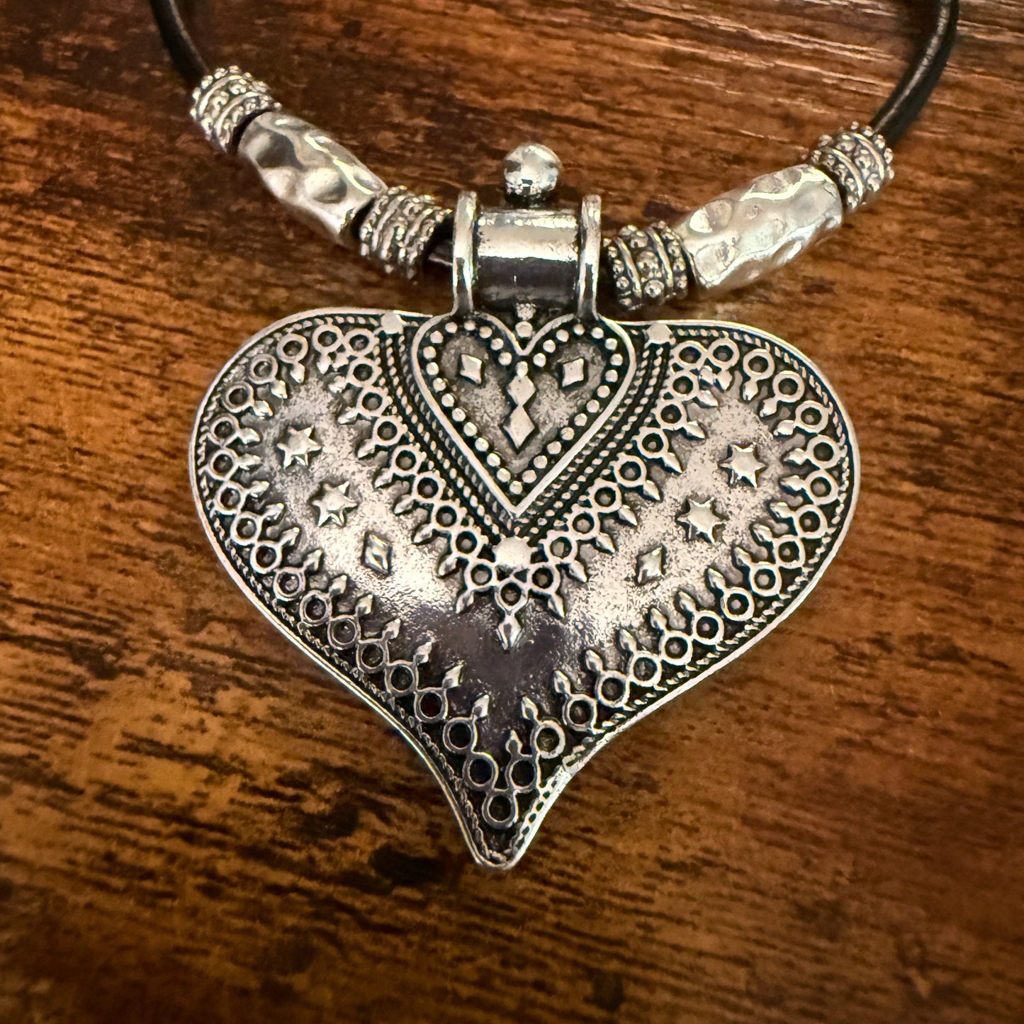 Handcrafted Black Cord Heart Pendant Choker Necklace With Mixed Metals