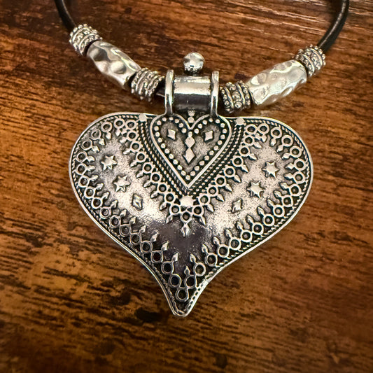Handcrafted Black Cord Heart Pendant Choker Necklace With Mixed Metals