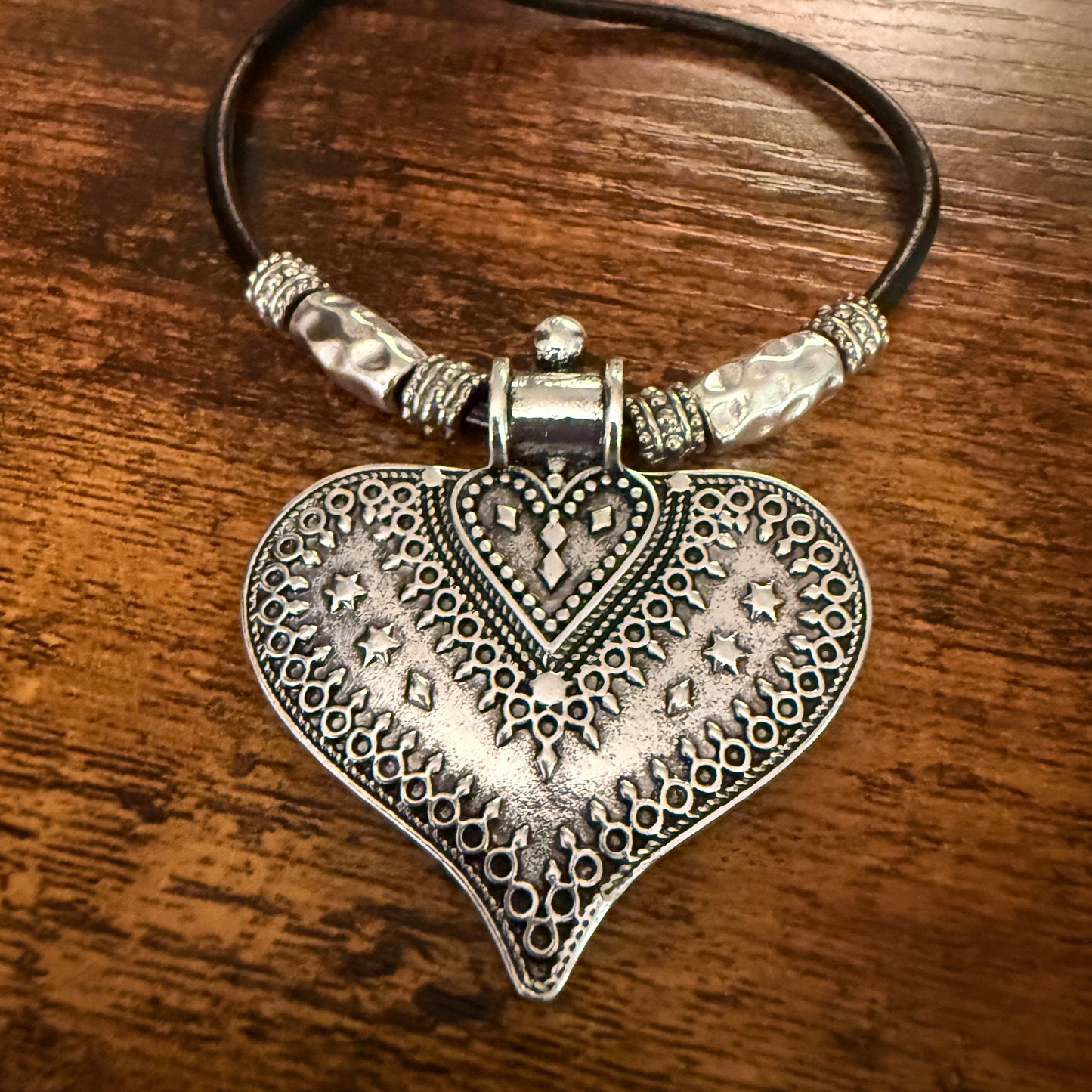 Handcrafted Black Cord Heart Pendant Choker Necklace With Mixed Metals
