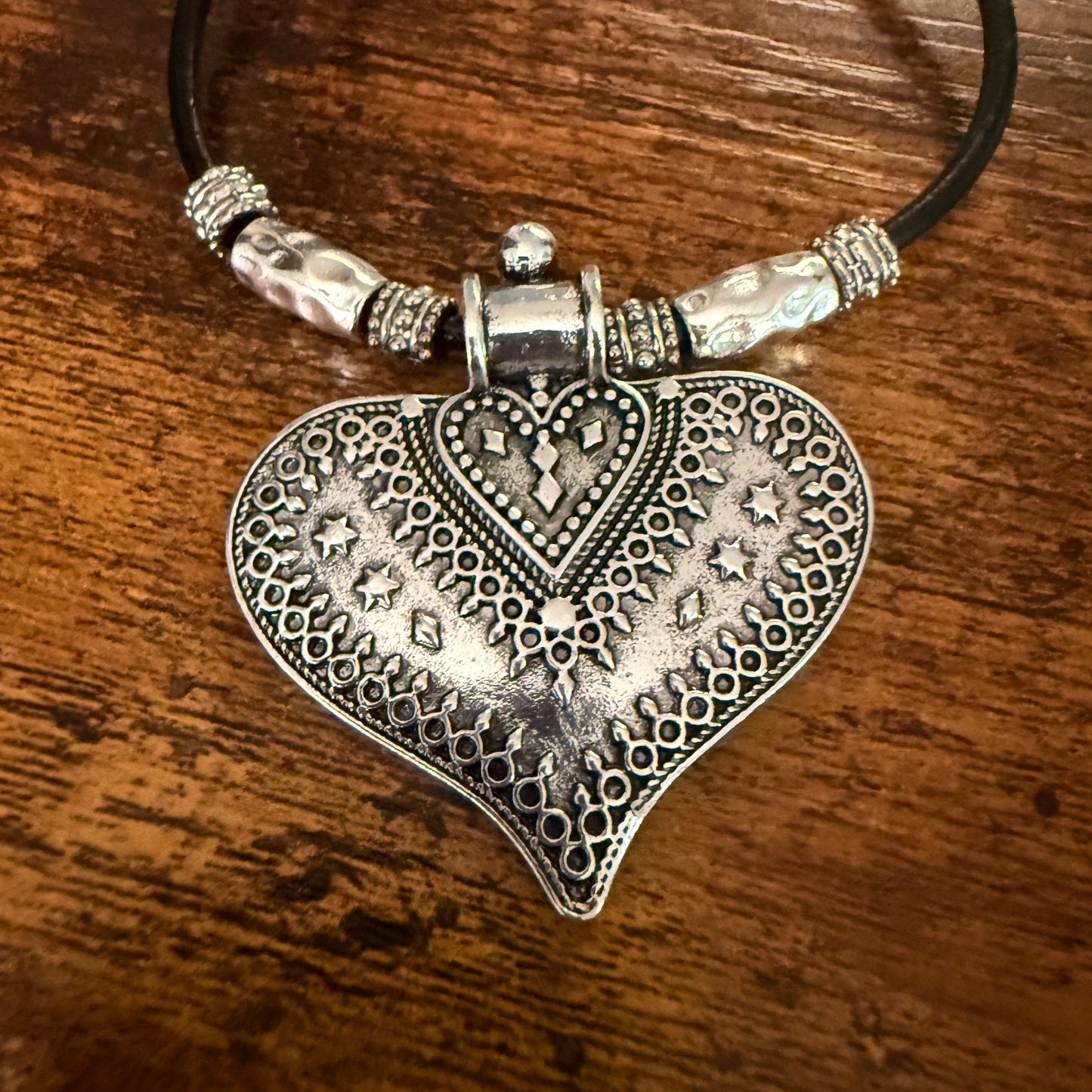 Handcrafted Black Cord Heart Pendant Choker Necklace With Mixed Metals