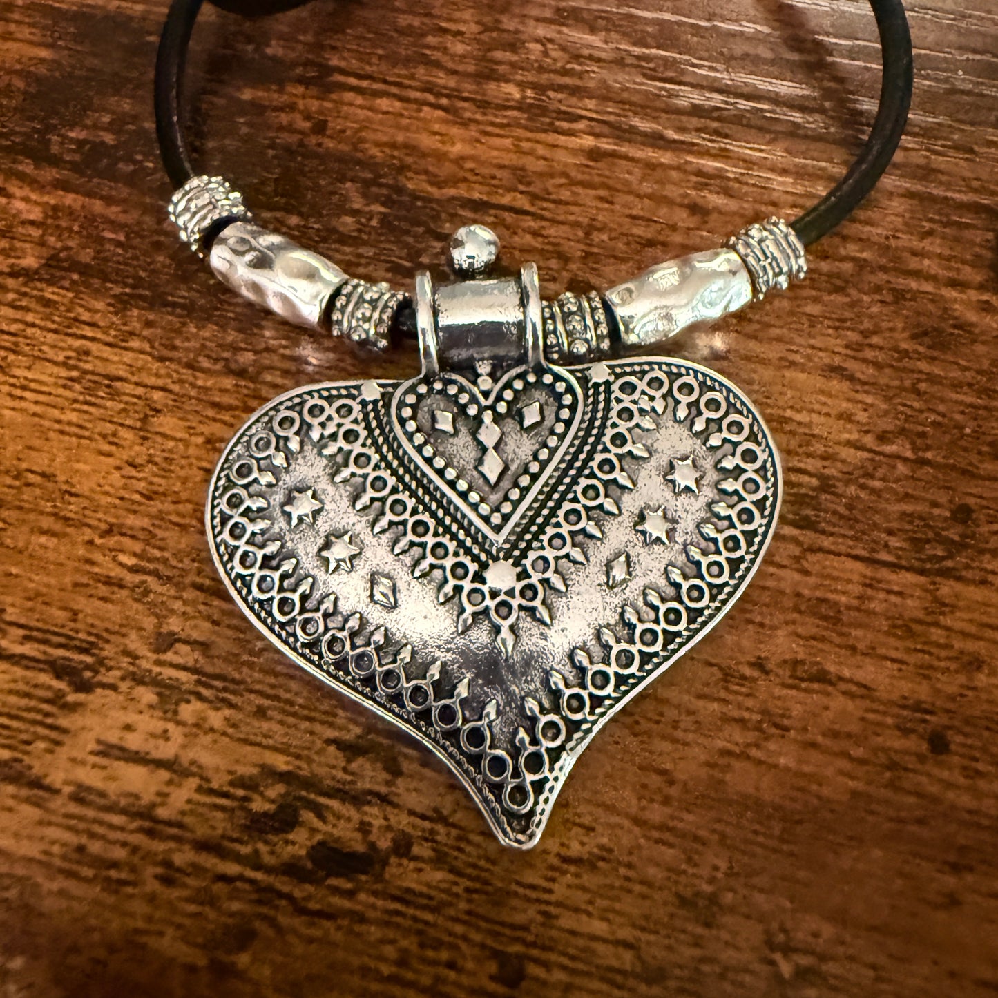 Handcrafted Black Cord Heart Pendant Choker Necklace With Mixed Metals