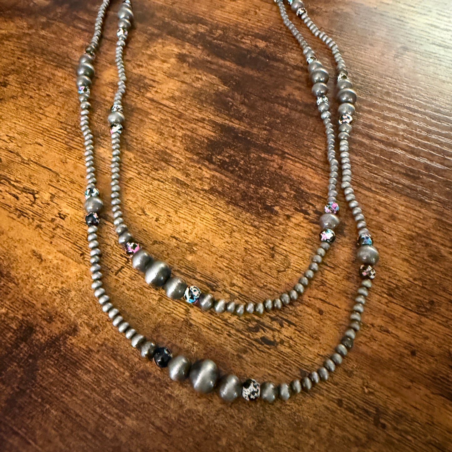 Handcrafted Faux Silver Multicolor Pearl Double Necklace