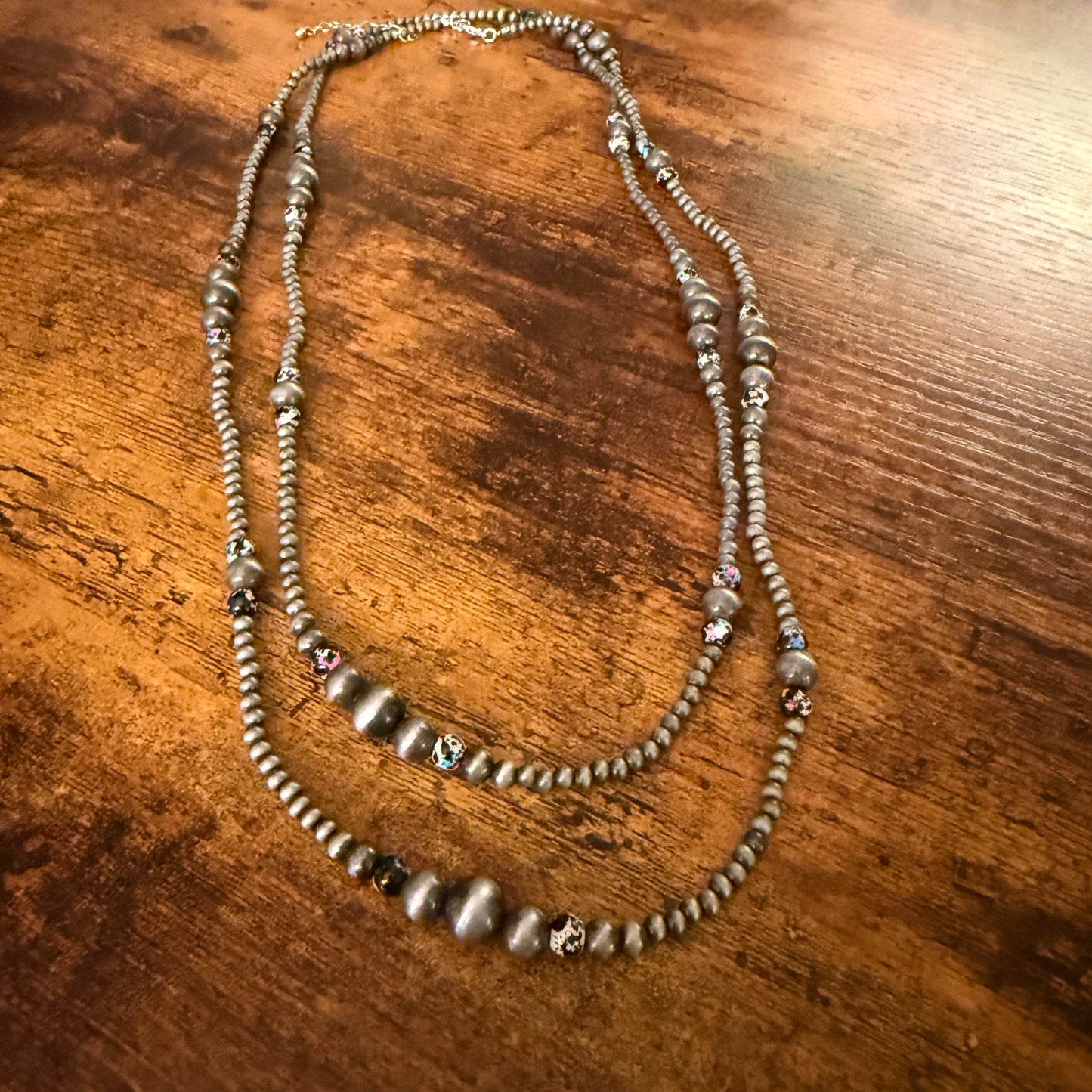 Handcrafted Faux Silver Multicolor Pearl Double Necklace