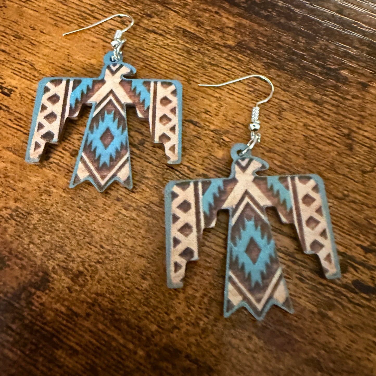 Handcrafted Wooden Thunderbird Wire Drop Earrings Artisanal Sustainable Wood
