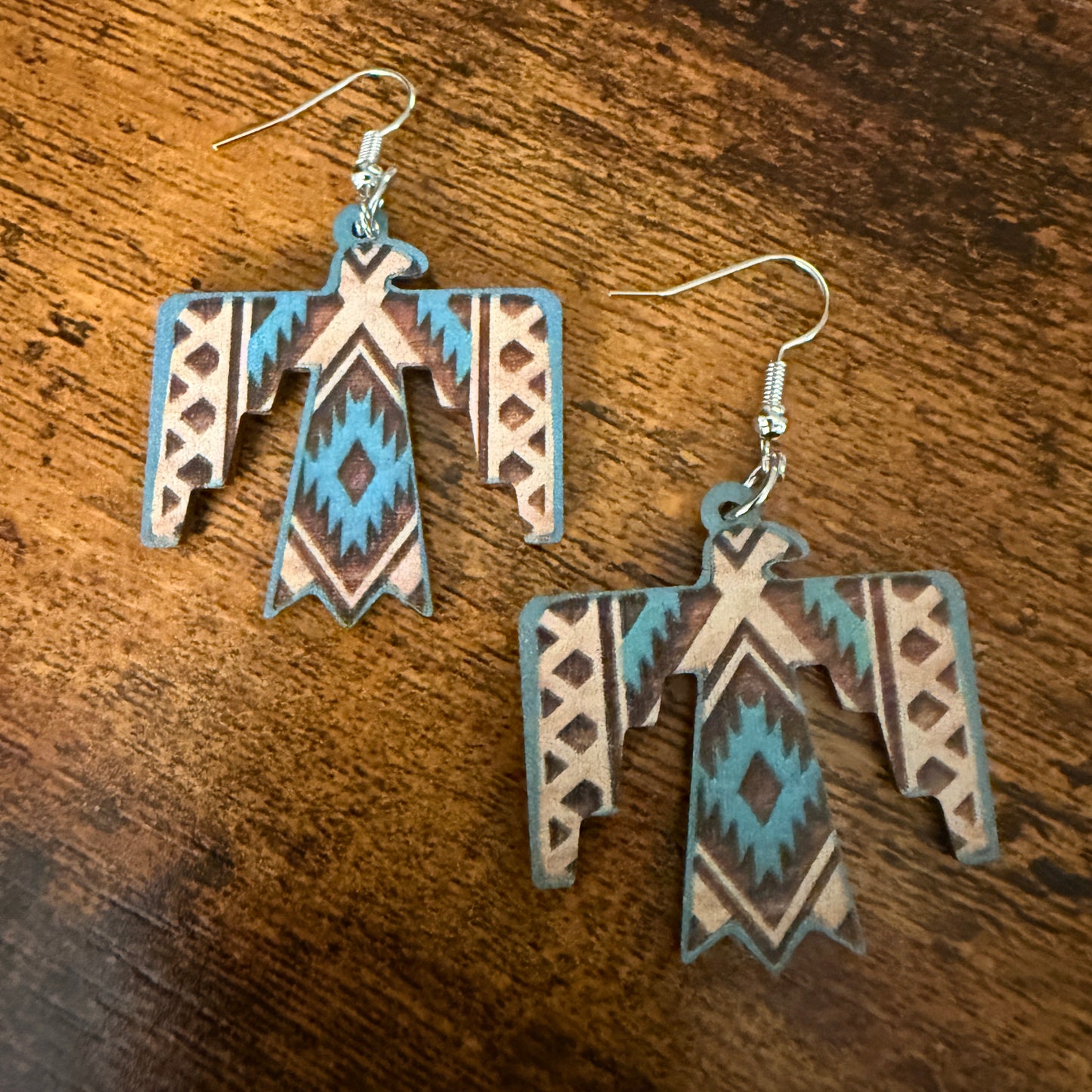 Handcrafted Wooden Thunderbird Wire Drop Earrings Artisanal Sustainable Wood