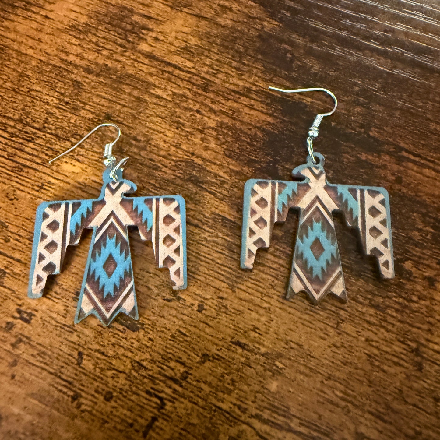 Handcrafted Wooden Thunderbird Wire Drop Earrings Artisanal Sustainable Wood