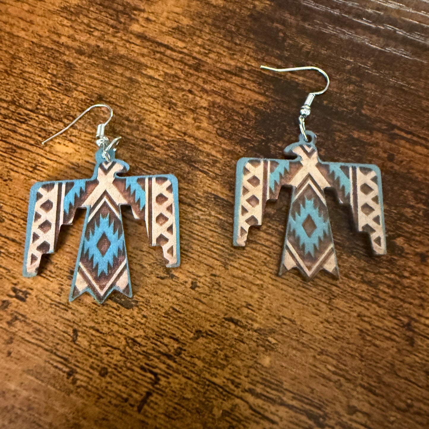 Handcrafted Wooden Thunderbird Wire Drop Earrings Artisanal Sustainable Wood