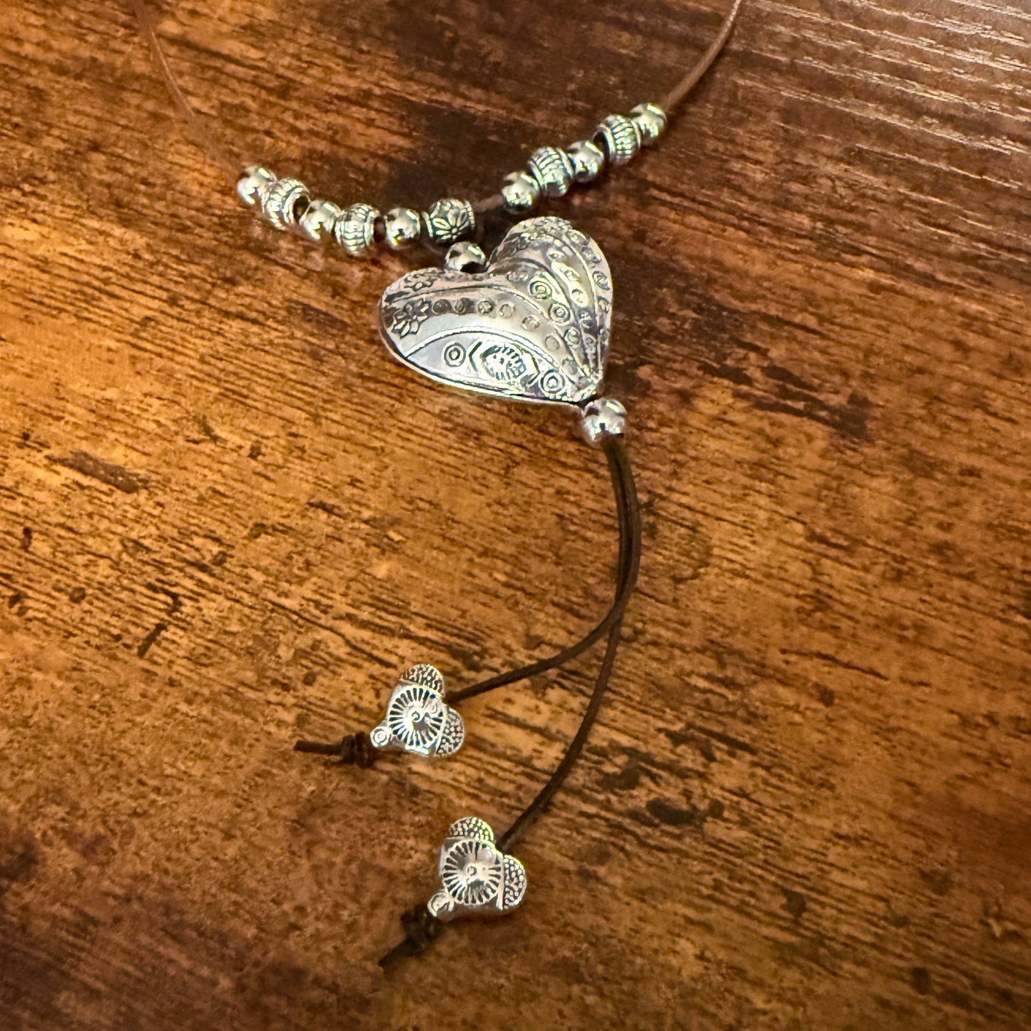 Handcrafted Brown Cord Heart Choker Necklace Mixed Metals