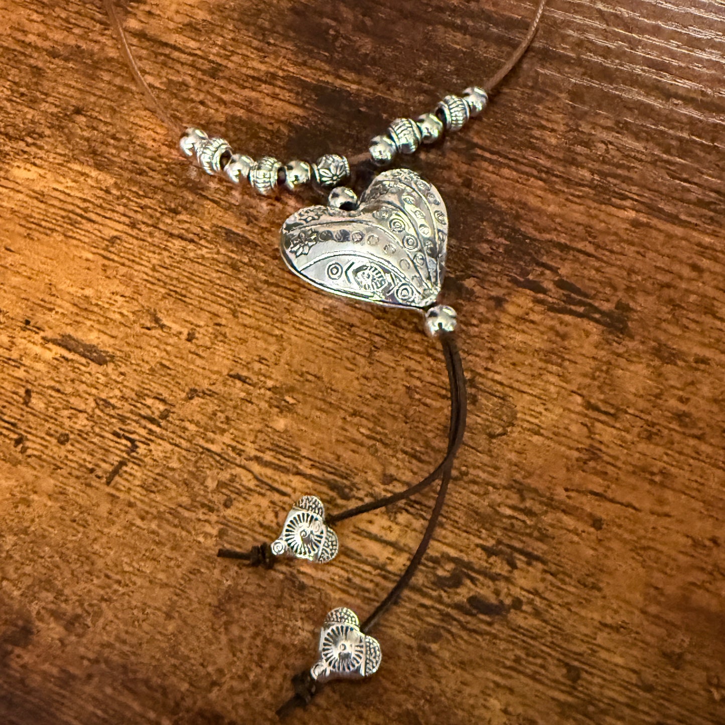 Handcrafted Brown Cord Heart Choker Necklace Mixed Metals