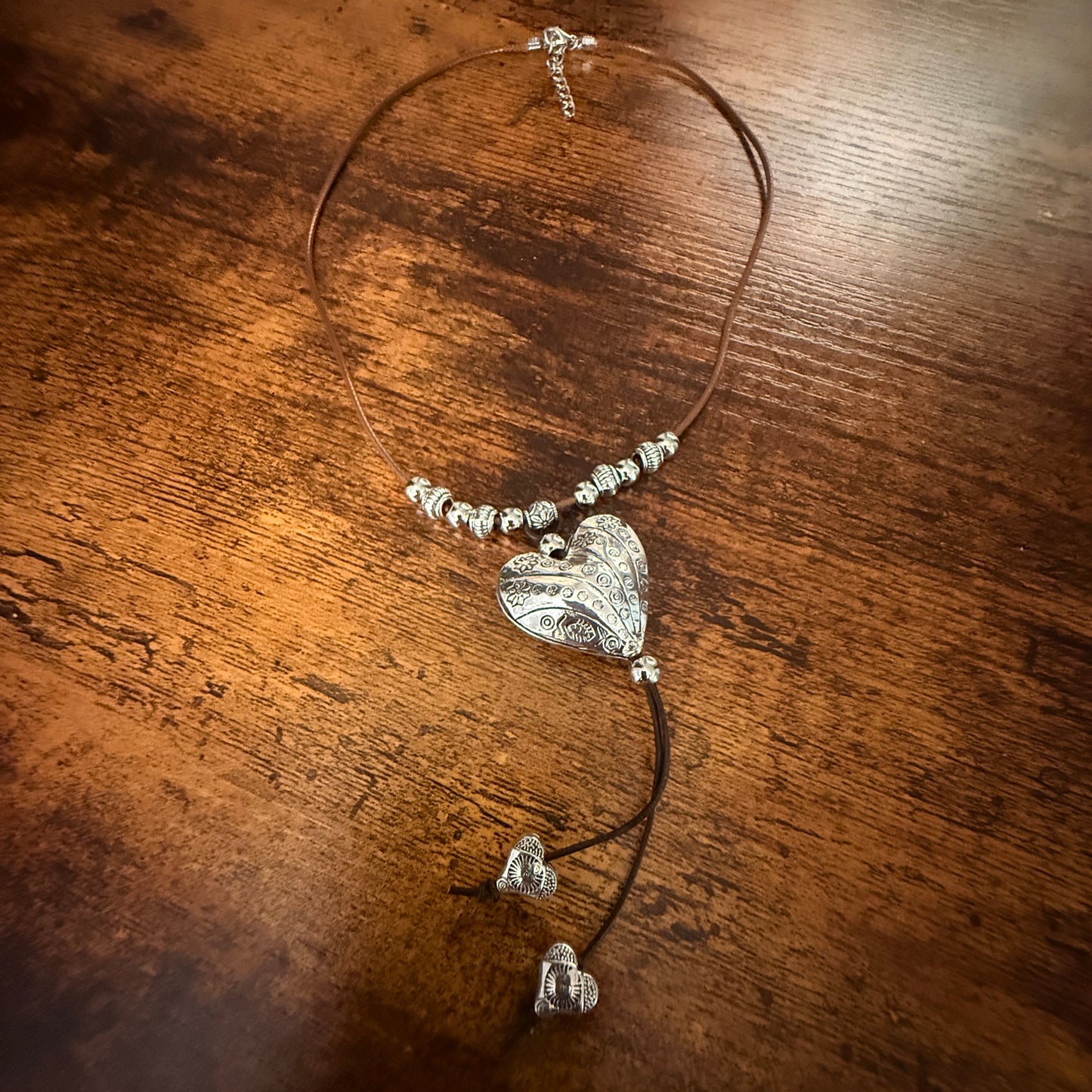 Handcrafted Brown Cord Heart Choker Necklace Mixed Metals