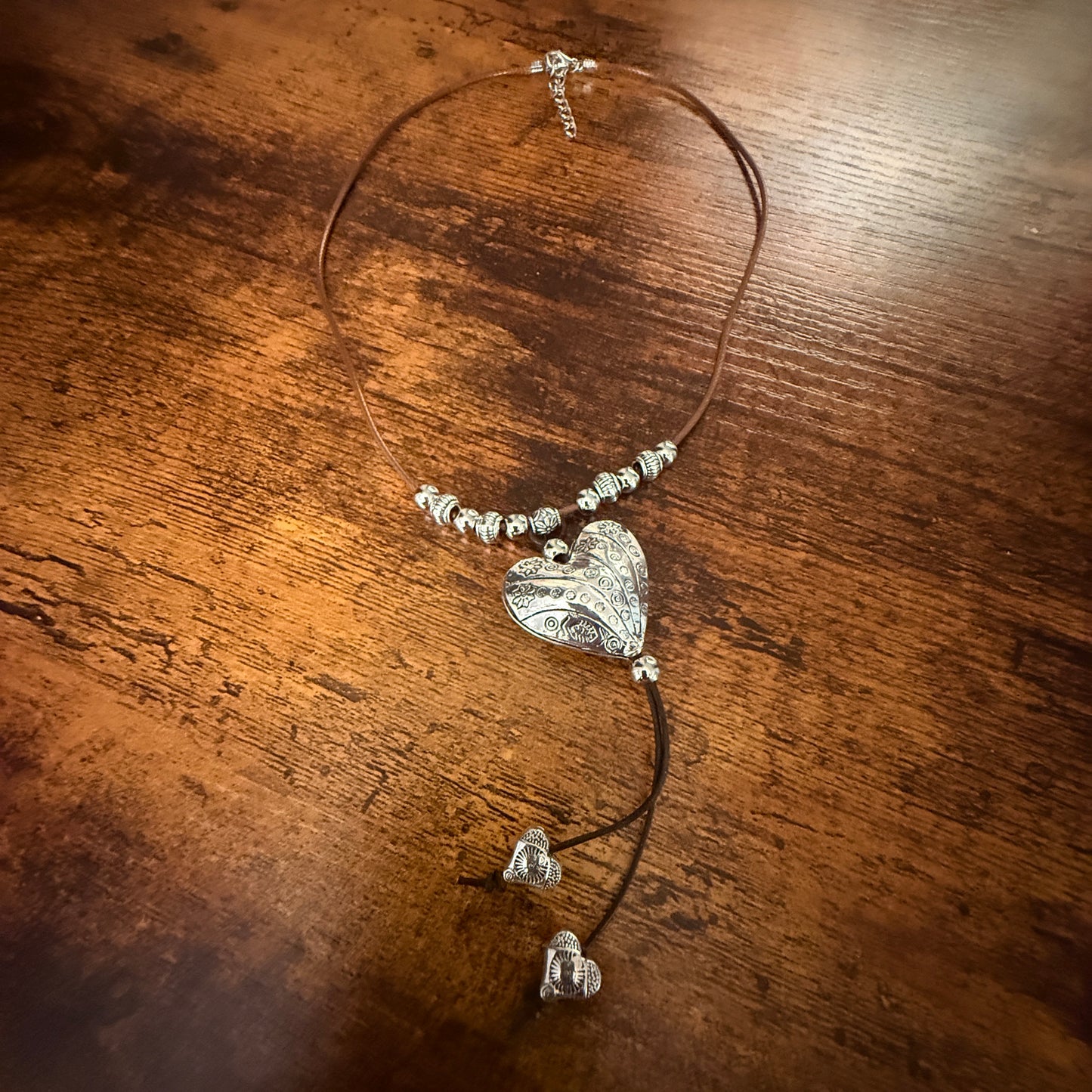 Handcrafted Brown Cord Heart Choker Necklace Mixed Metals