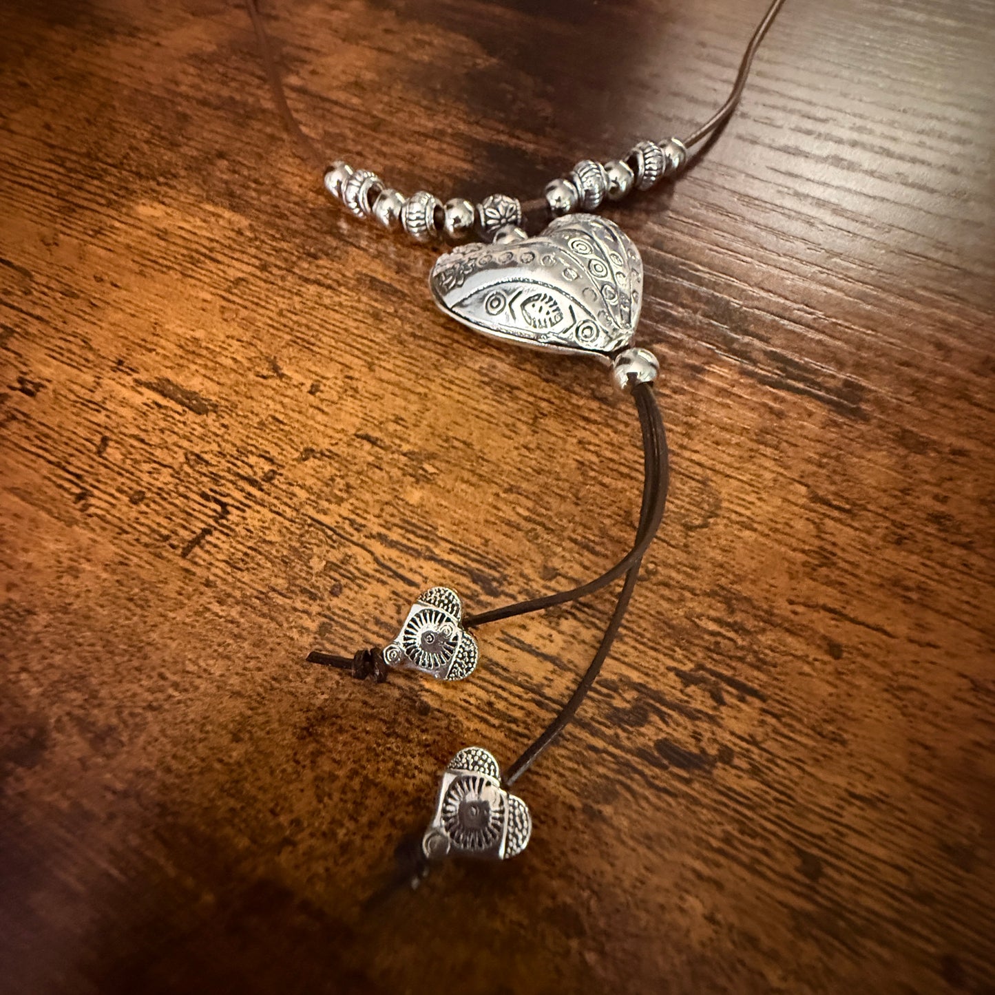 Handcrafted Brown Cord Heart Choker Necklace Mixed Metals