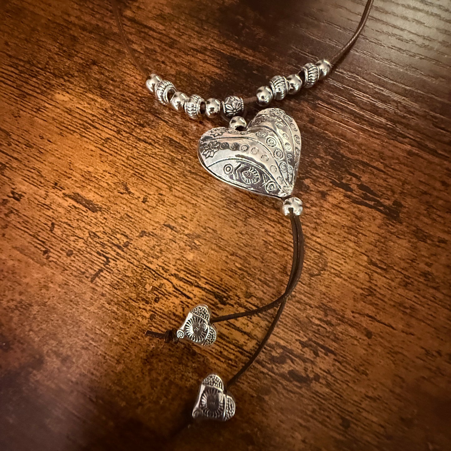 Handcrafted Brown Cord Heart Choker Necklace Mixed Metals