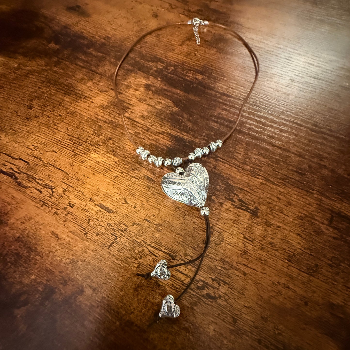 Handcrafted Brown Cord Heart Choker Necklace Mixed Metals