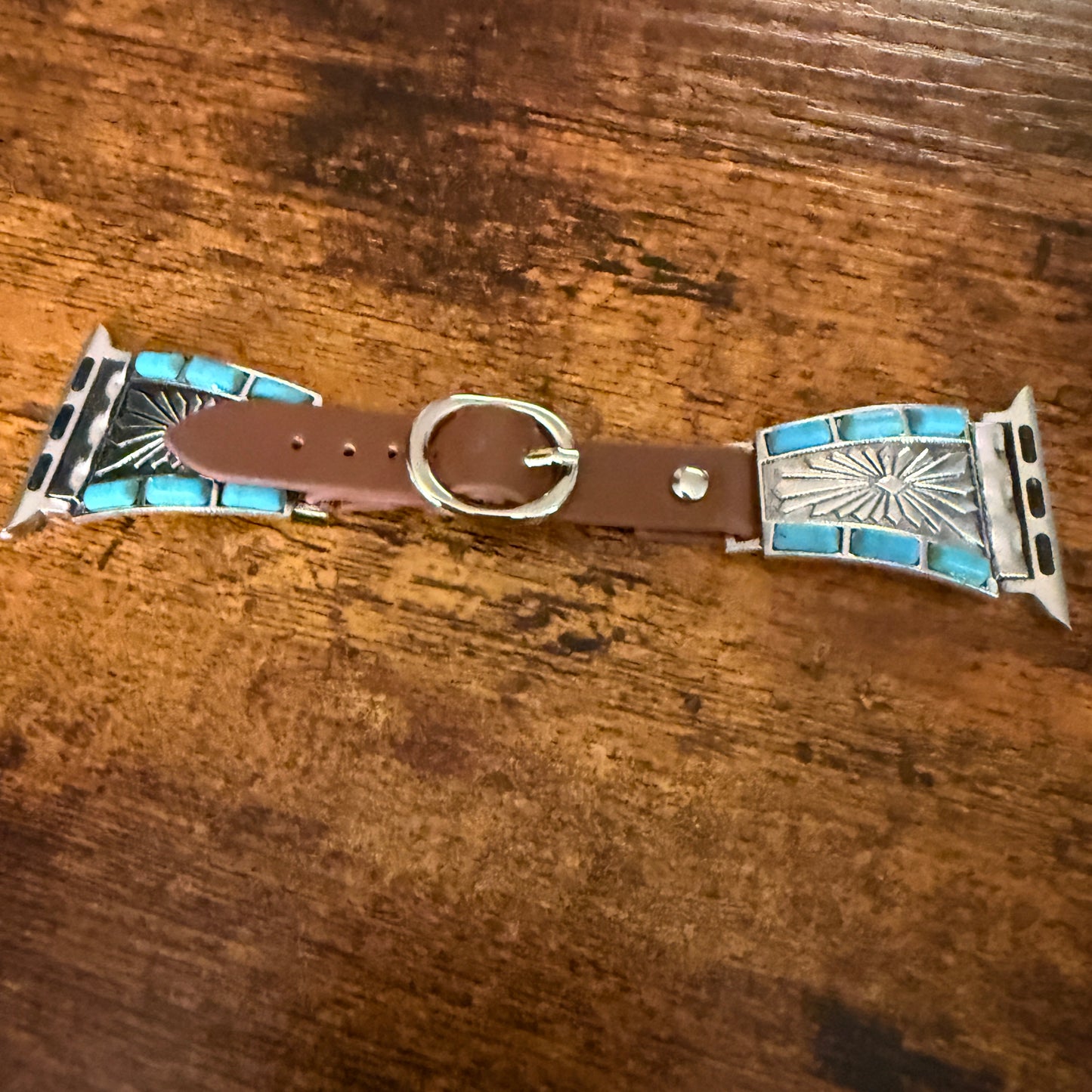 Handcrafted Cowgirl Turquoise Inlaid Leather Watch Band for Apple Watch