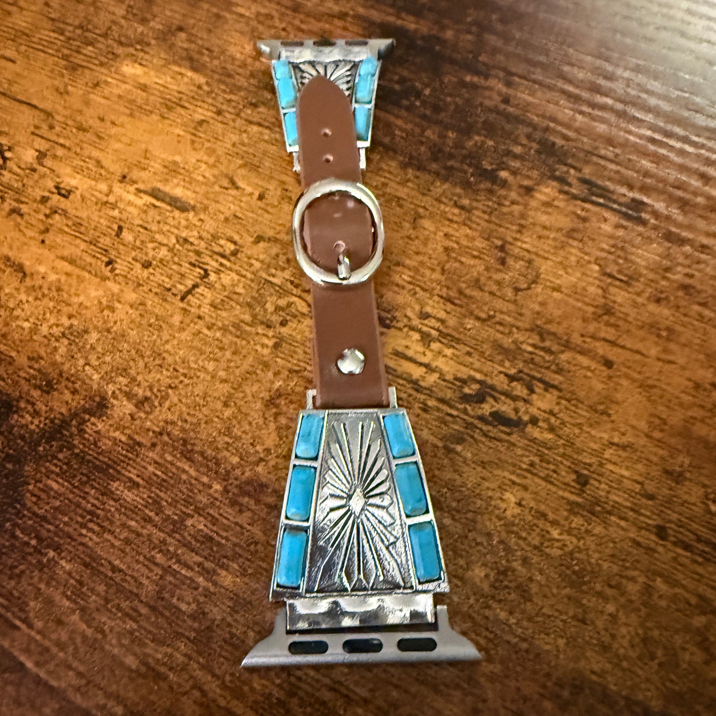 Handcrafted Cowgirl Turquoise Inlaid Leather Watch Band for Apple Watch
