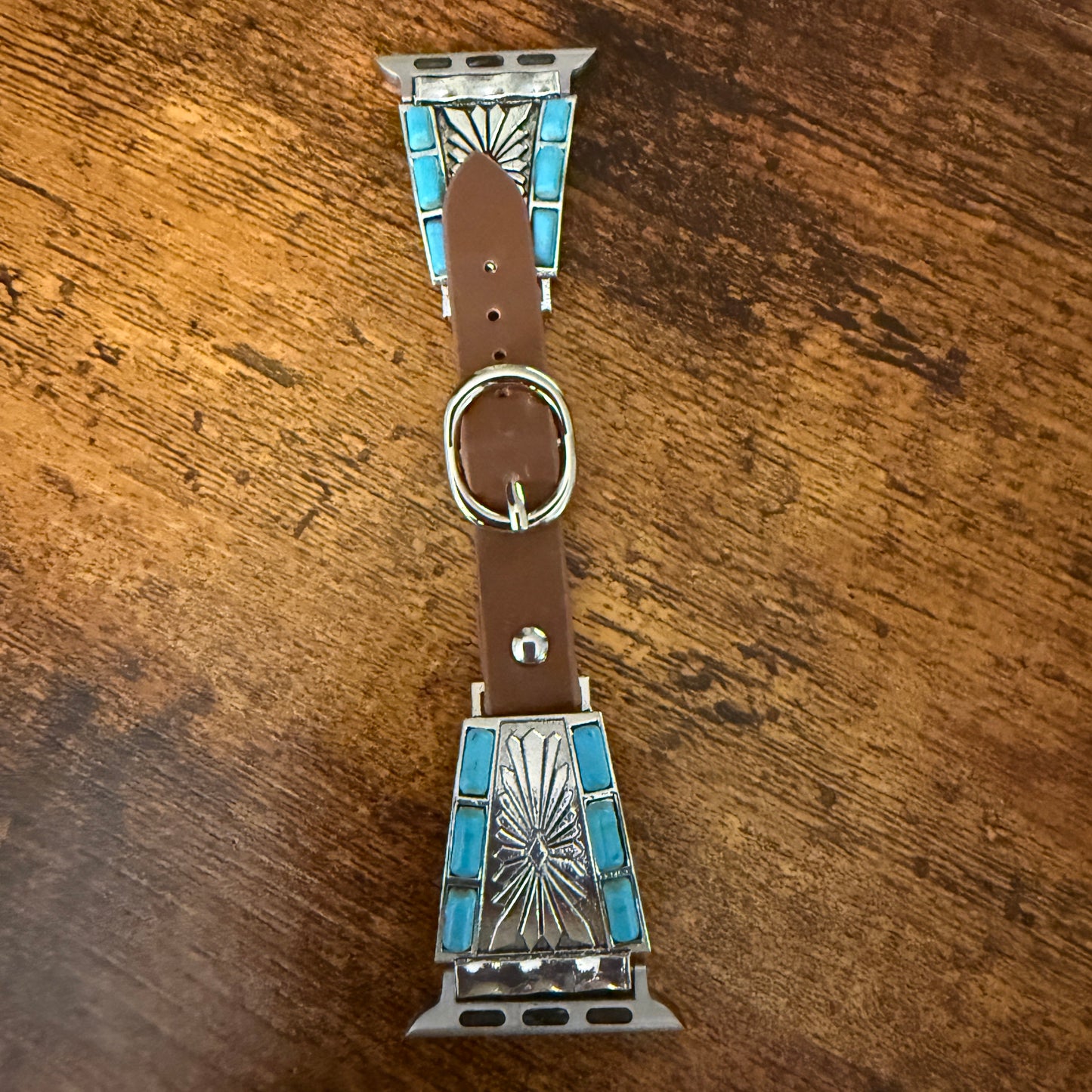 Handcrafted Cowgirl Turquoise Inlaid Leather Watch Band for Apple Watch