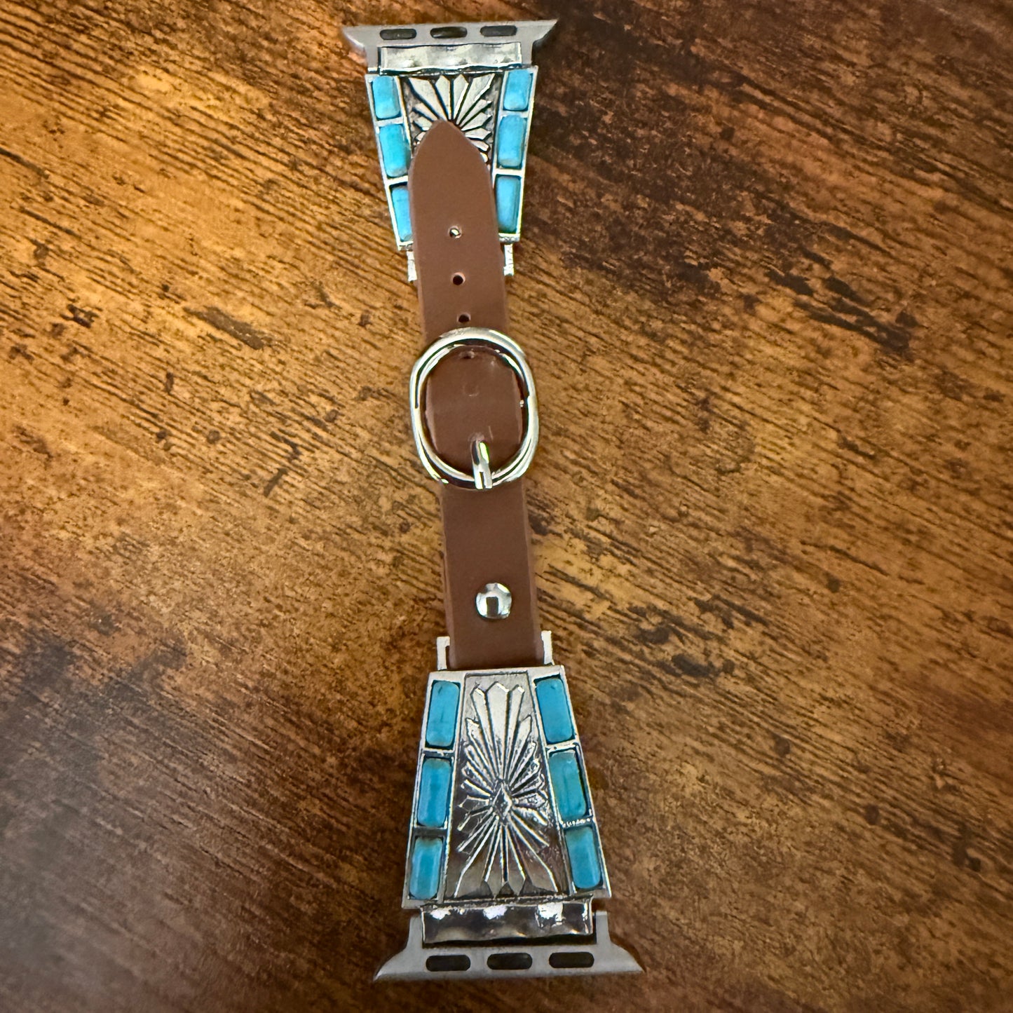 Handcrafted Cowgirl Turquoise Inlaid Leather Watch Band for Apple Watch