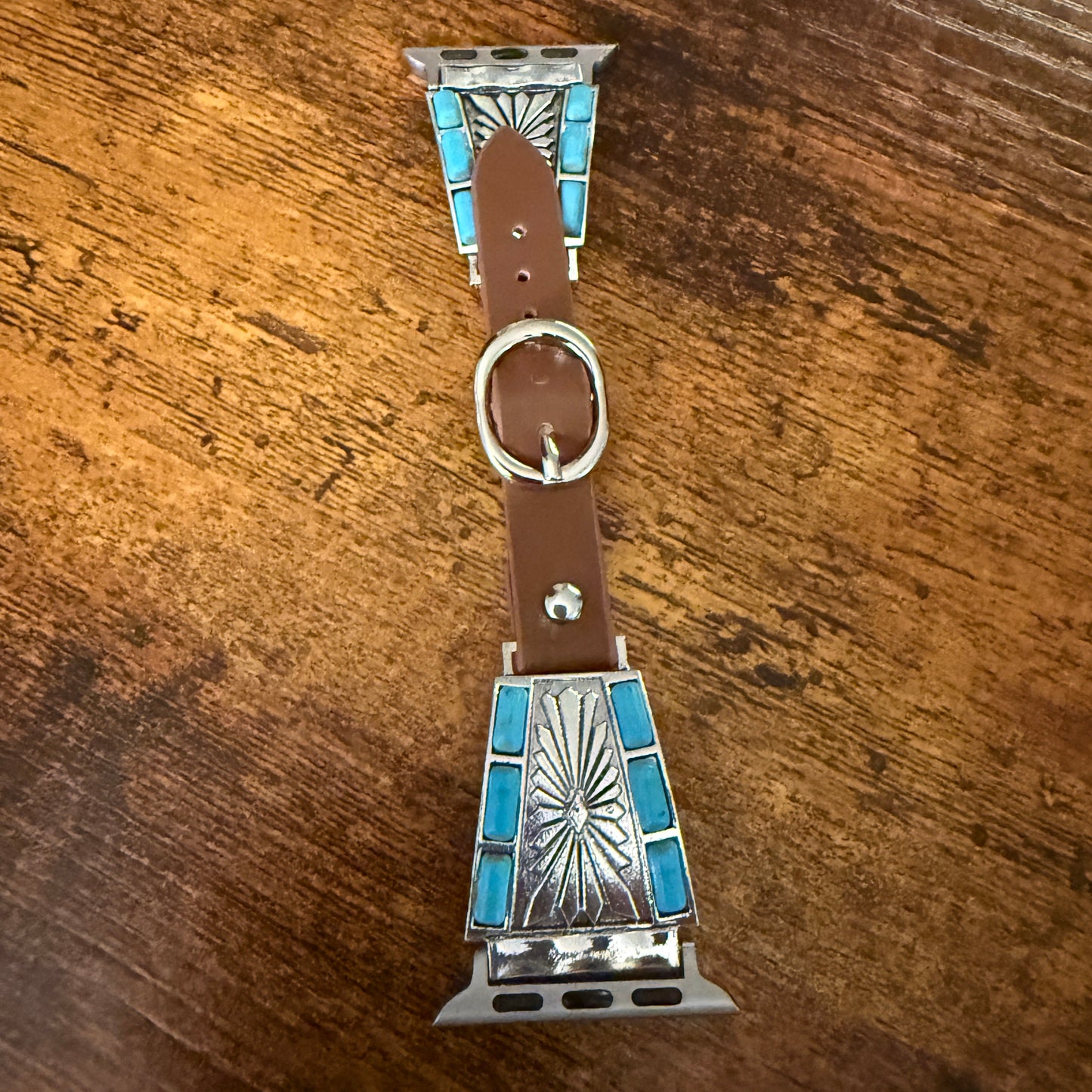 Handcrafted Cowgirl Turquoise Inlaid Leather Watch Band for Apple Watch