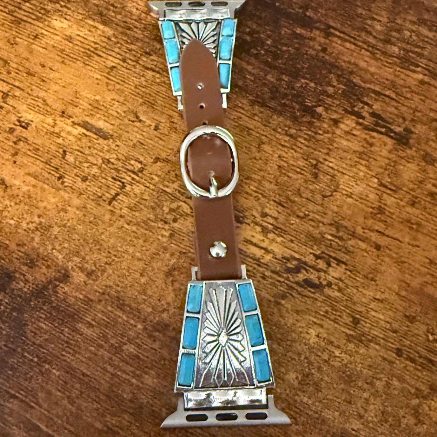 Handcrafted Cowgirl Turquoise Inlaid Leather Watch Band for Apple Watch