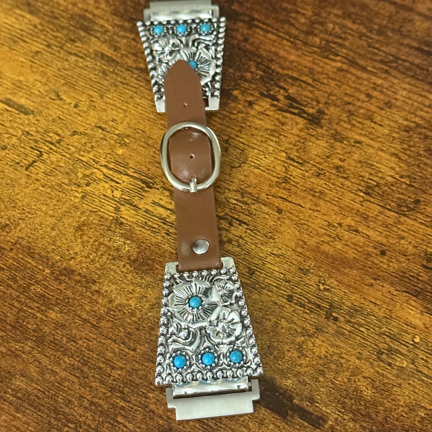 Handcrafted Cowgirl Apple Watch Band Floral Turquoise Brown Leather